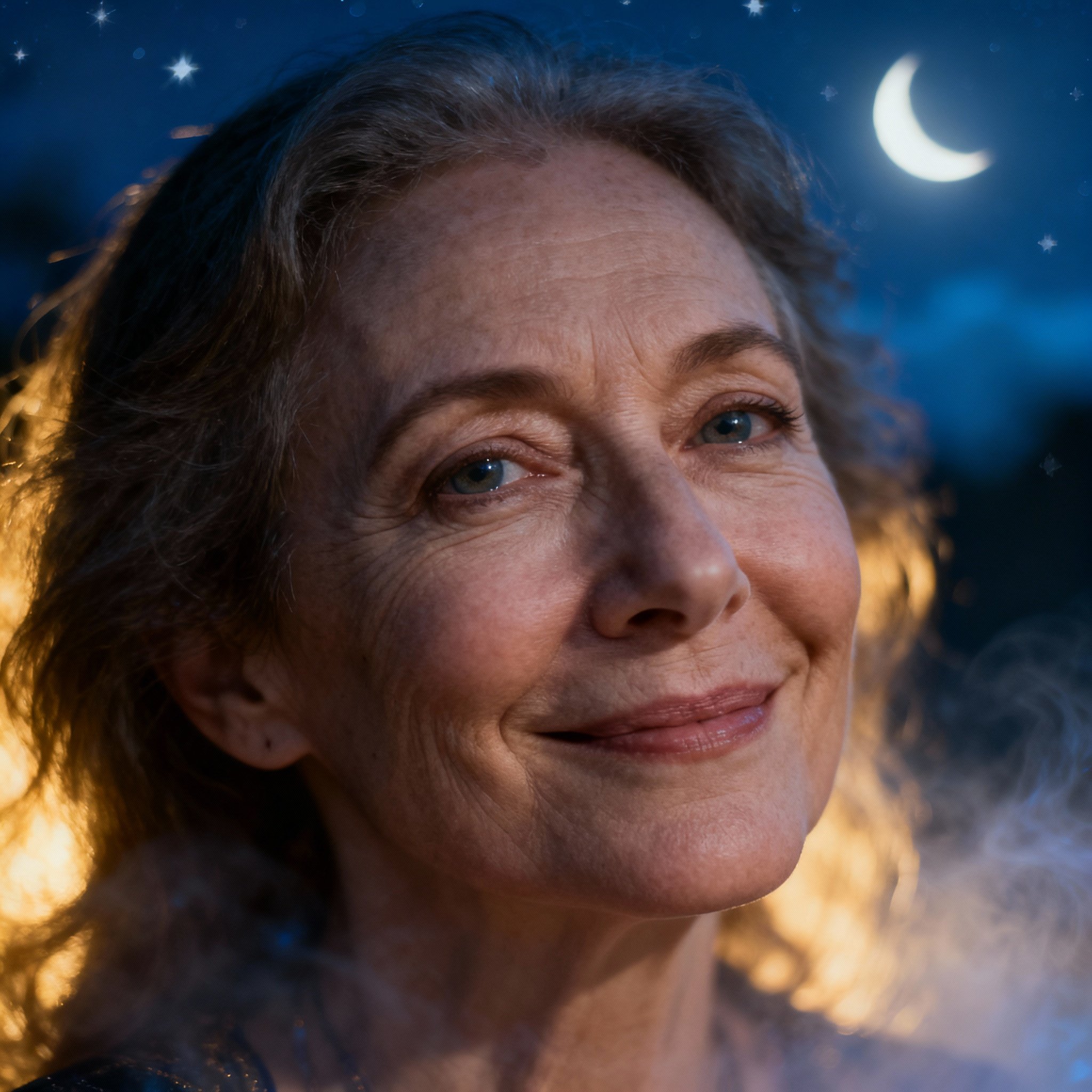 A close-up portrait of psychic Maria Moon, featuring her warm and insightful gaze against a soft, moonlit, starry background, creating a sense of trust and mystery.