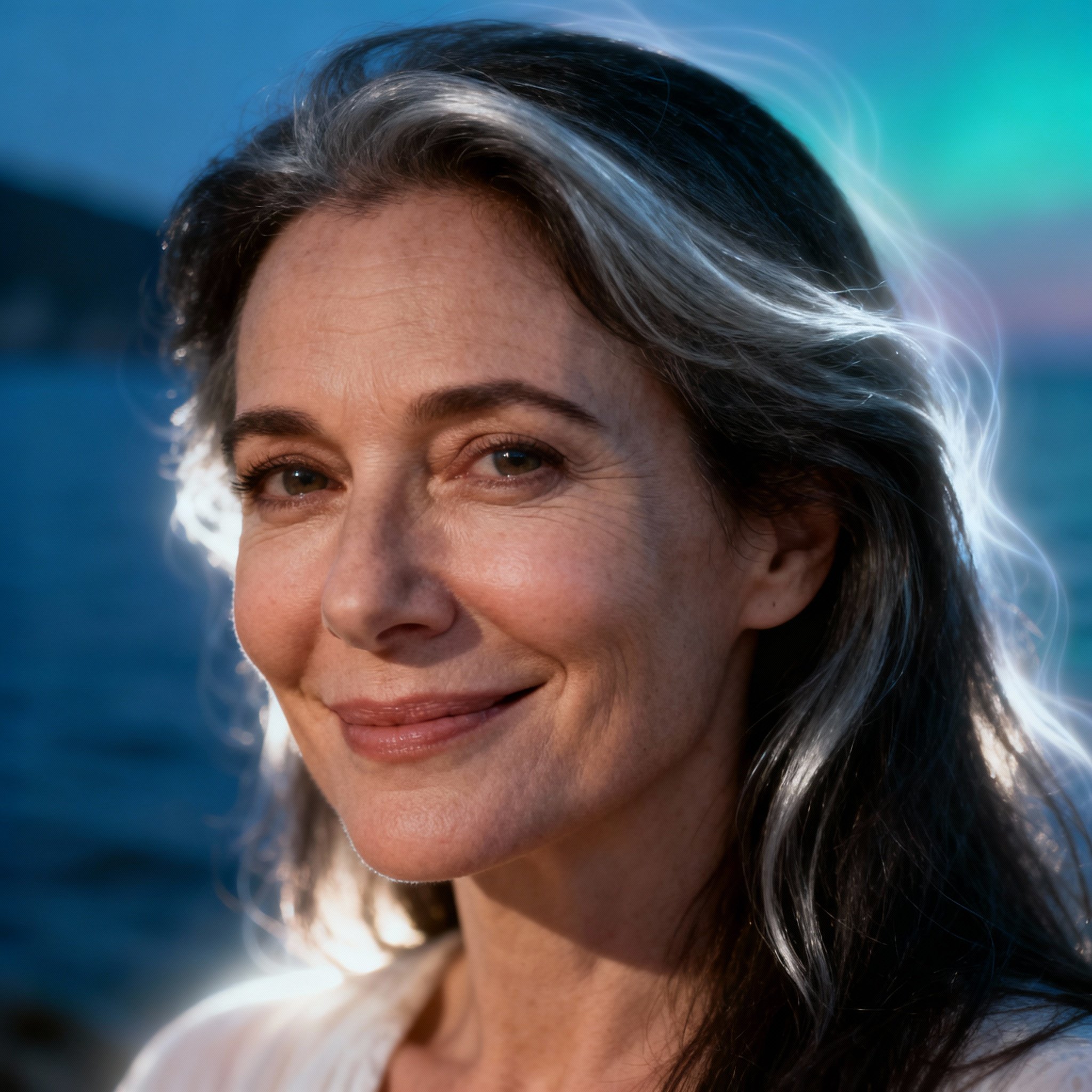 A close-up portrait of the psychic Adriatic Aura, with a warm and wise smile, set against a soft, teal-blue background symbolizing her intuitive power and trustworthiness.