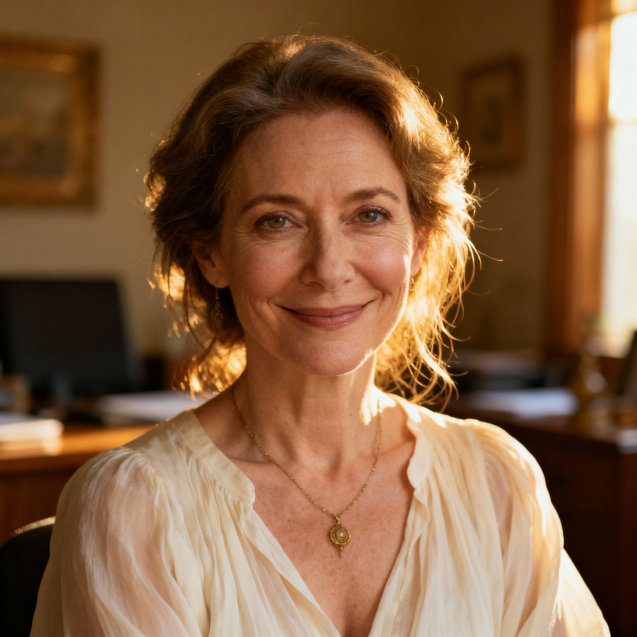 A close-up portrait of the wise and compassionate female psychic advisor 'Into the Soul', her warm gaze looking directly at the camera, conveying a strong sense of trust and understanding.