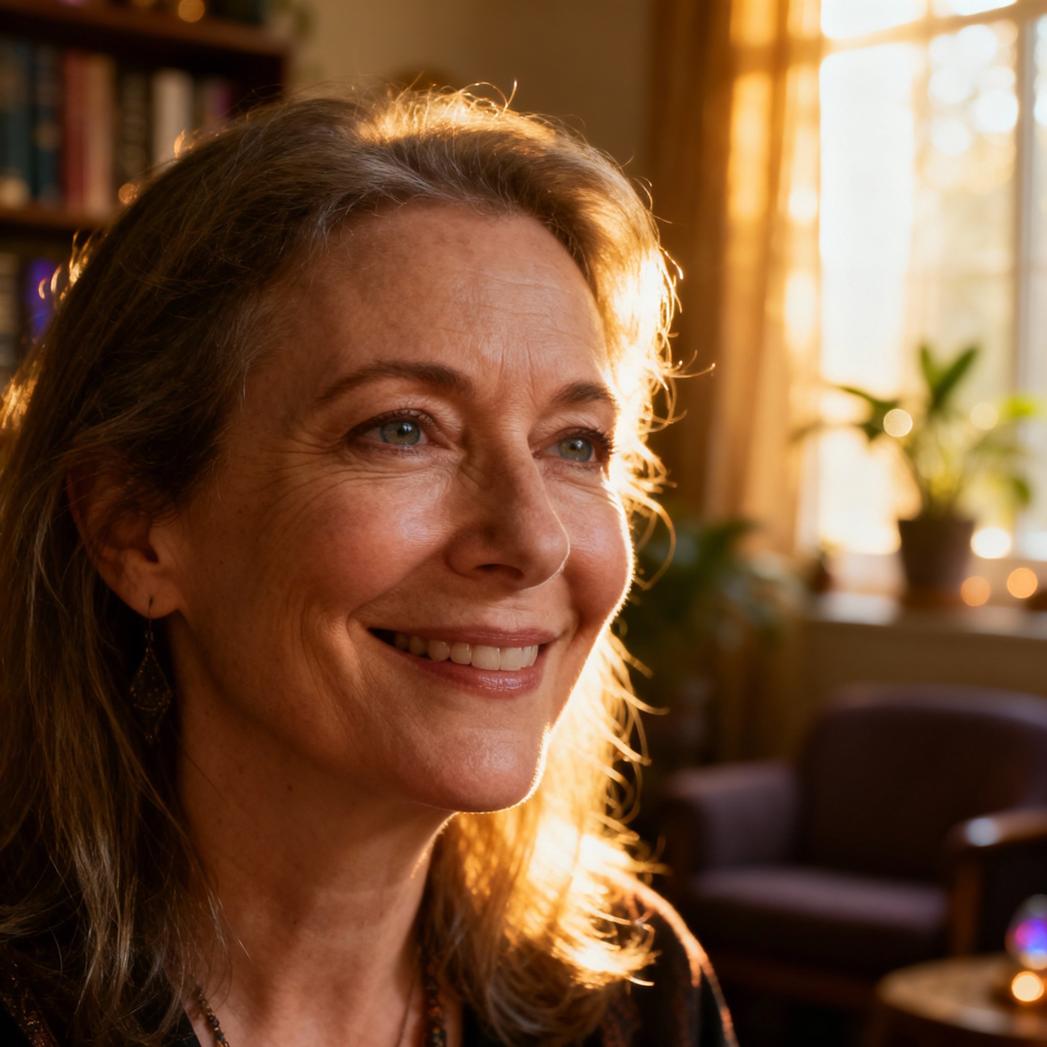 A close-up portrait of psychic Jane Elizabeth, featuring a warm, empathetic smile and wise, compassionate eyes. The background is a soft, cozy consultation room, creating a sense of trust.