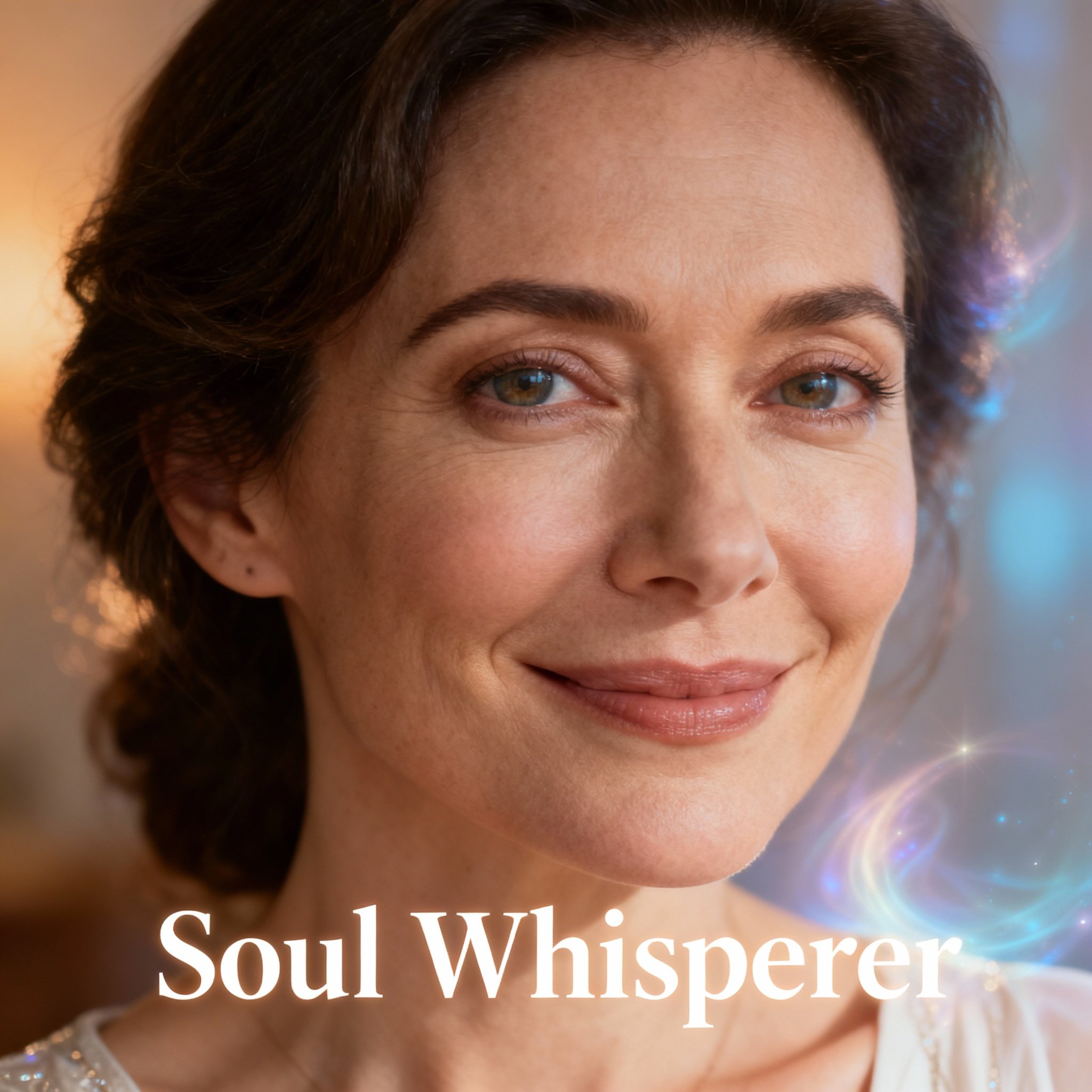 A close-up portrait of a female psychic advisor named 'Soul Whisperer'. She has warm, wise eyes and a knowing smile, with a soft background that creates a sense of trust and spiritual connection.
