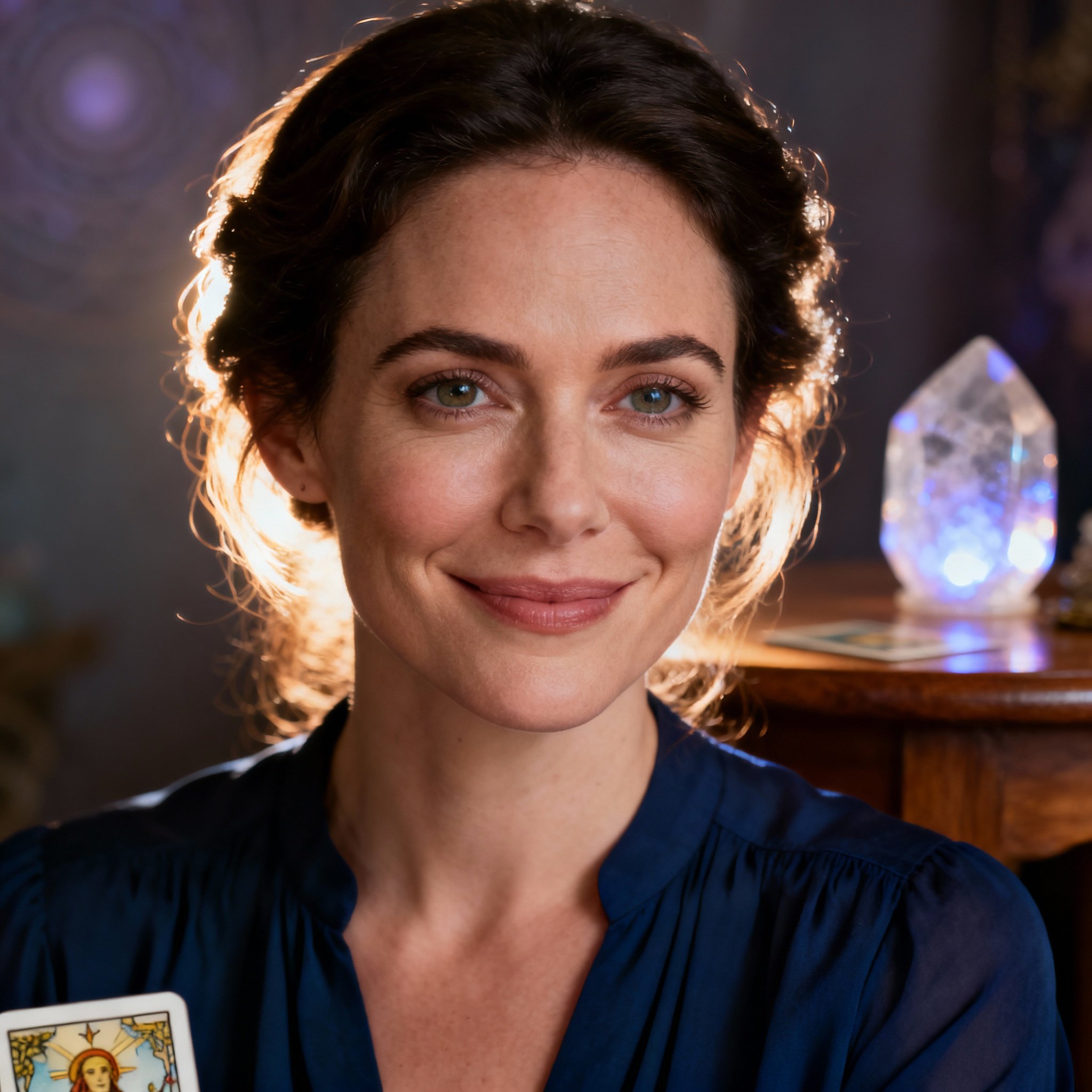 A close-up portrait of a female psychic named Lexi, with a warm, empathetic smile. The background is soft, creating a sense of trust and wisdom.