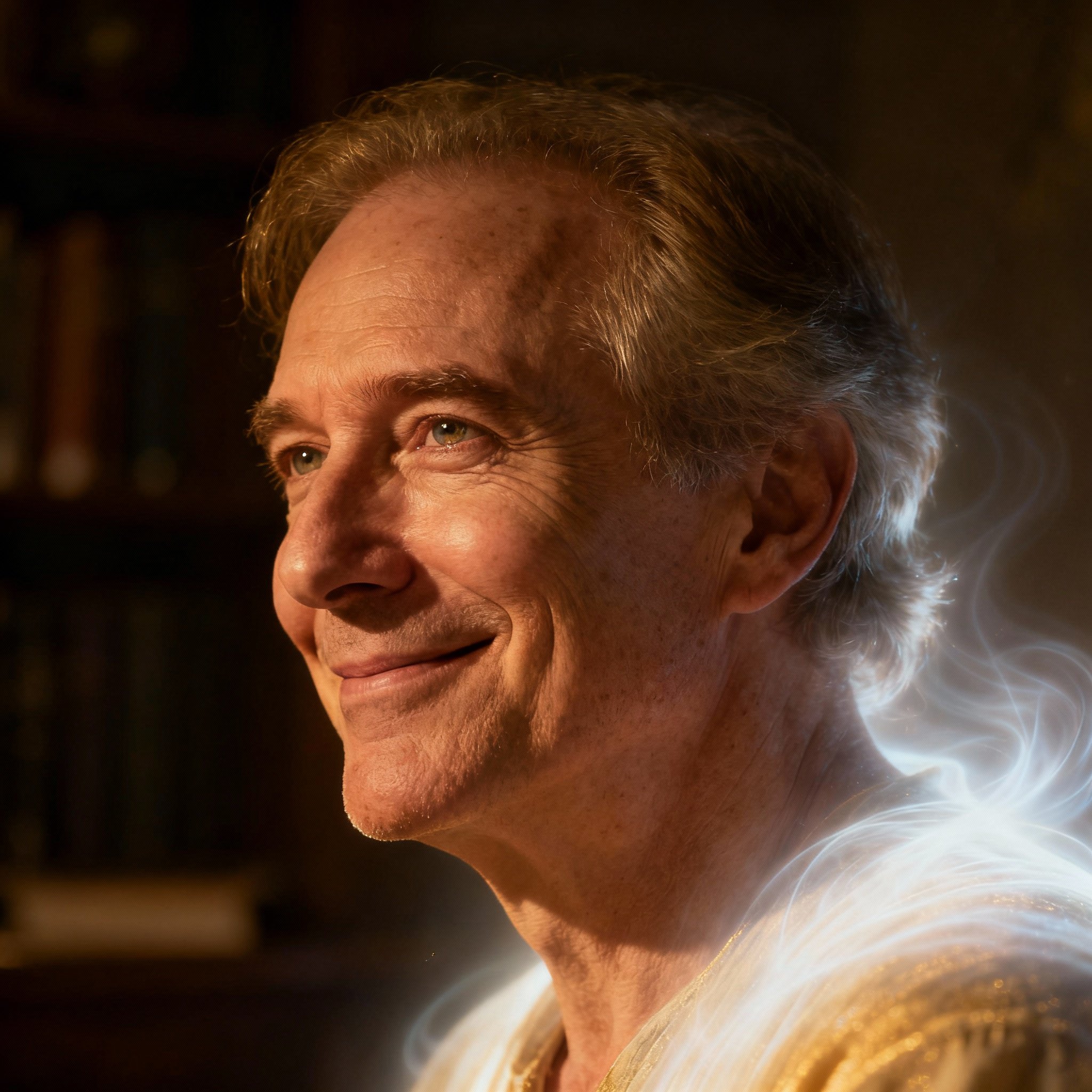 A close-up portrait of a male psychic advisor in his 50s, with wise and compassionate eyes. Soft lighting highlights his trustworthy face against a study room background.