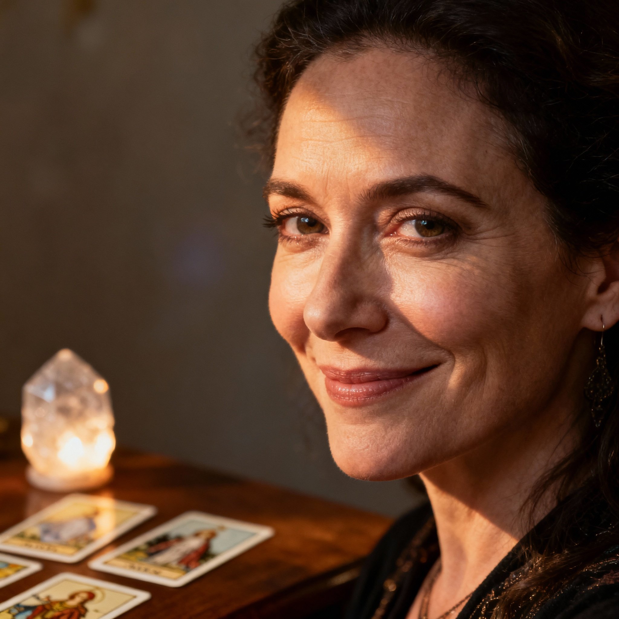 A close-up portrait of Miranda Rose, a wise and compassionate middle-aged female psychic, with a warm gaze and a soft background, creating an atmosphere of trust and reassurance.
