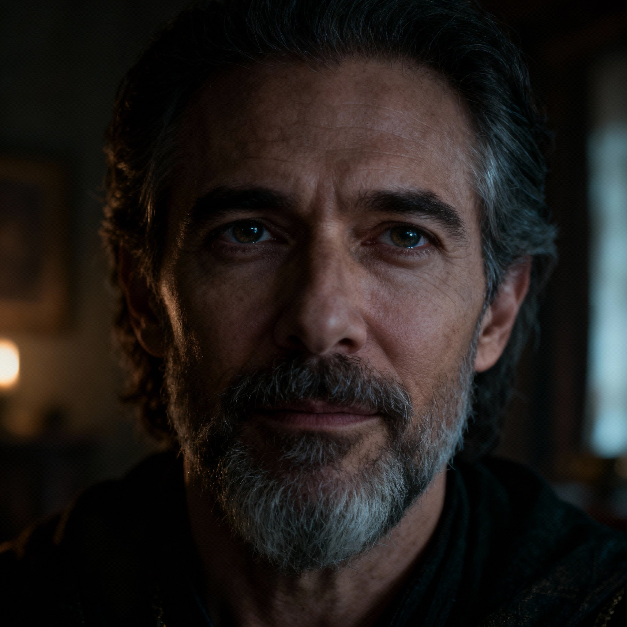 A portrait of a wise and compassionate male psychic with a sincere and direct gaze, set against a soft background, creating a sense of trust and safety.