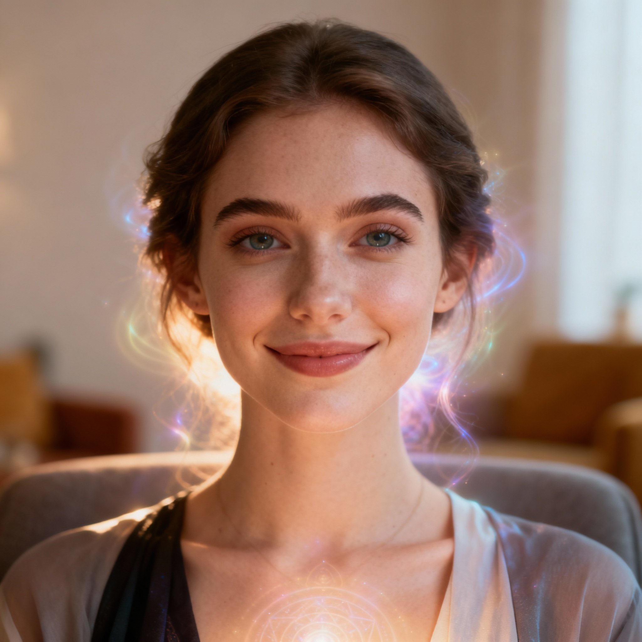 A close-up portrait of the psychic Hailey Faith. She is a young, wise-looking woman with a gentle yet confident gaze, set against a soft background that creates a professional and trustworthy atmosphere.