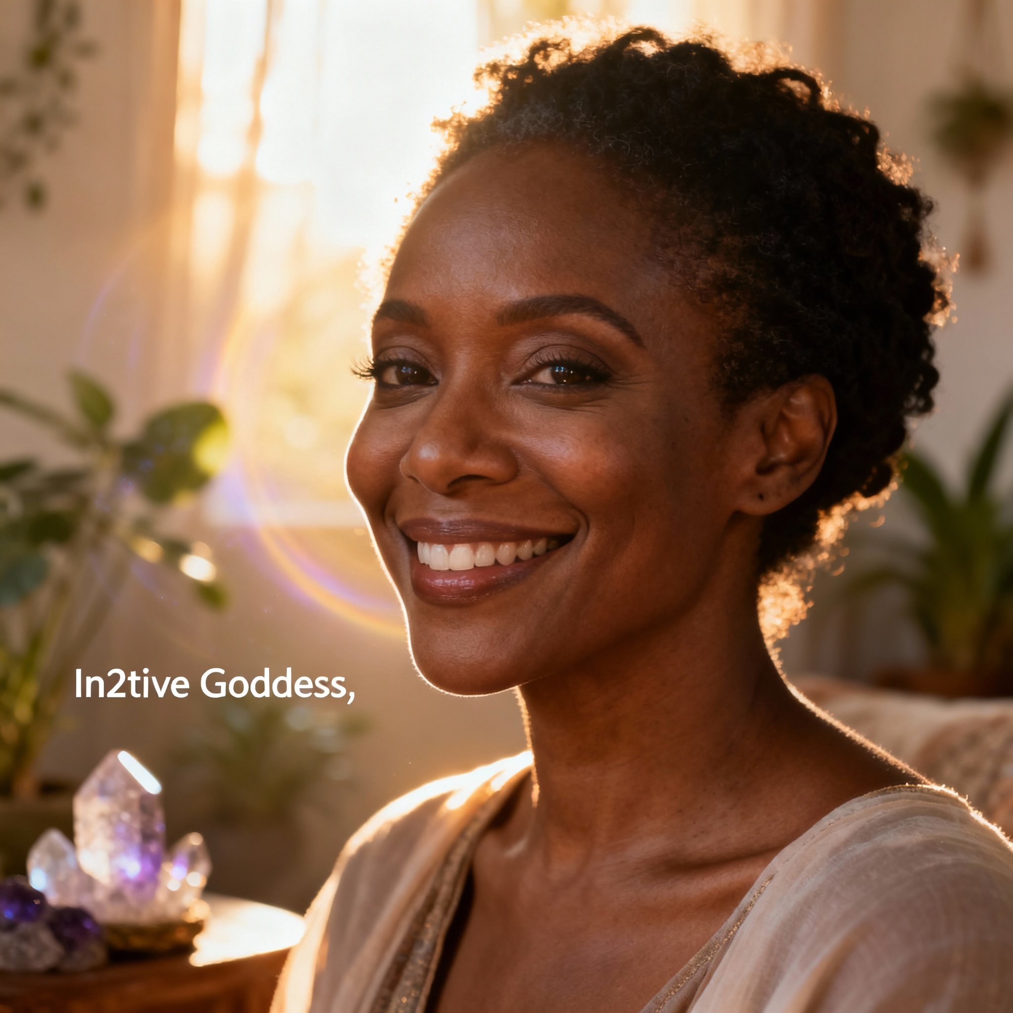 A close-up portrait of the psychic advisor In2itive Goddess, a wise and compassionate African-American woman with warm, understanding eyes, set against a soft background that evokes a sense of trust.