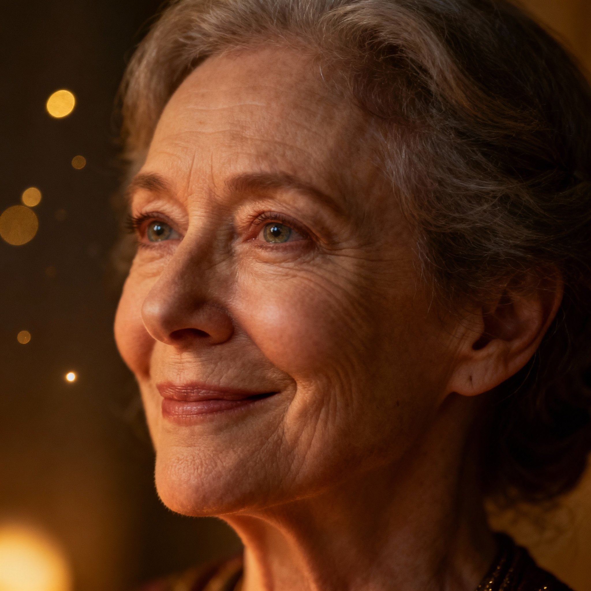 A close-up portrait of Psychic Hadley exuding wisdom and compassion, her eyes are kind and the background has warm, soft lighting, creating a sense of trust.