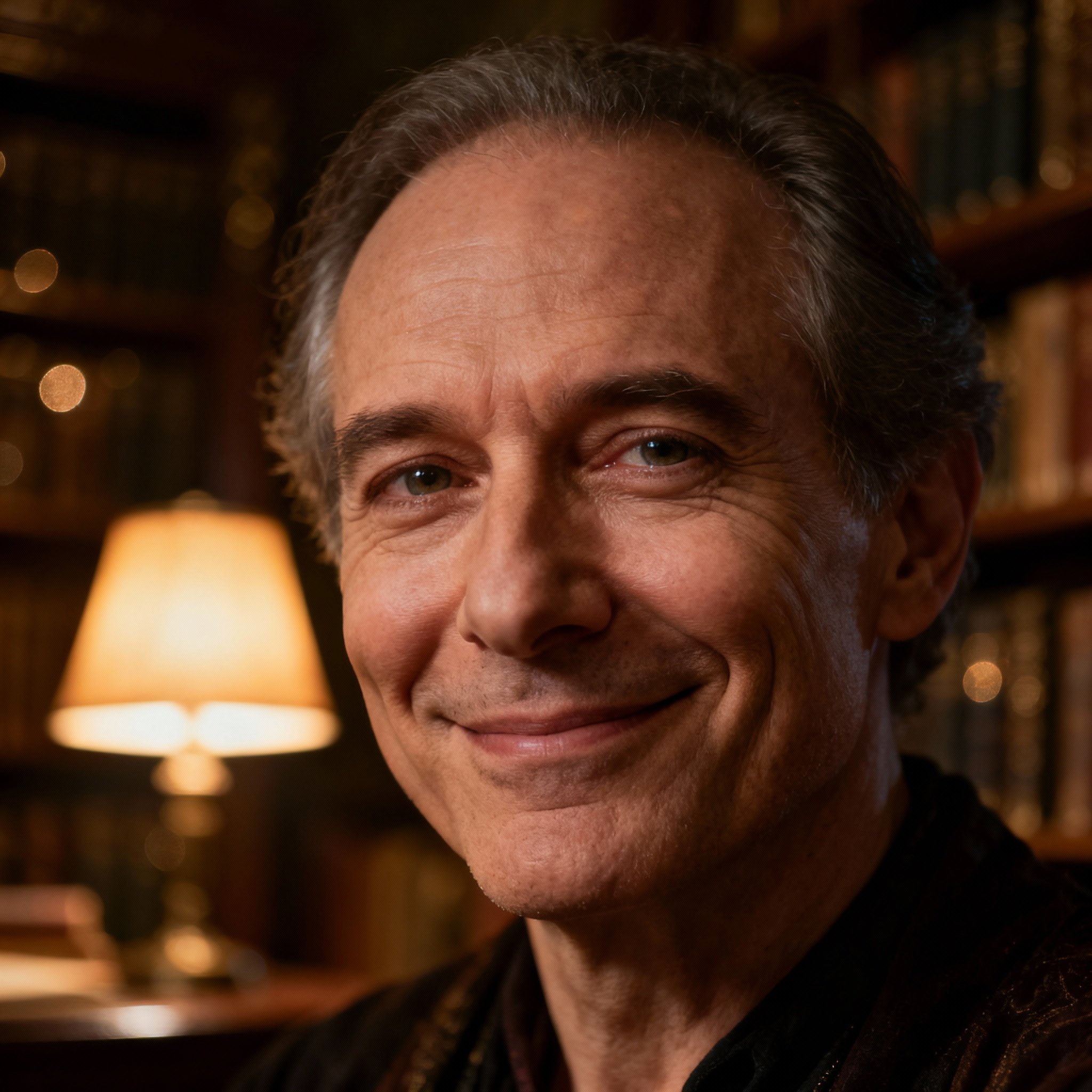 A warm, close-up portrait of a male psychic, Merlins Maker, with a kind smile and a soft-focus study in the background, conveying an atmosphere of trust and wisdom.