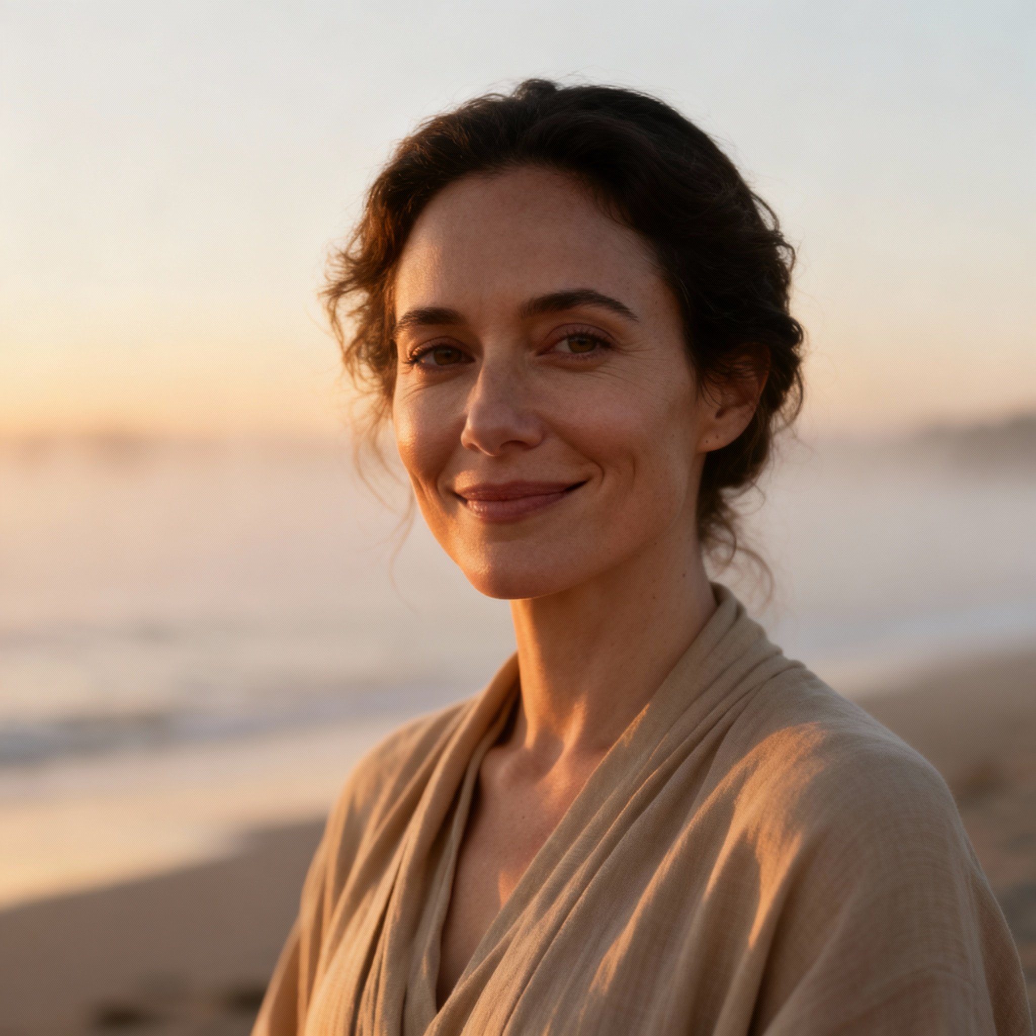 A psychic named Syd stands on a serene beach at sunrise, offering a compassionate and warm smile that creates a sense of a safe harbor.