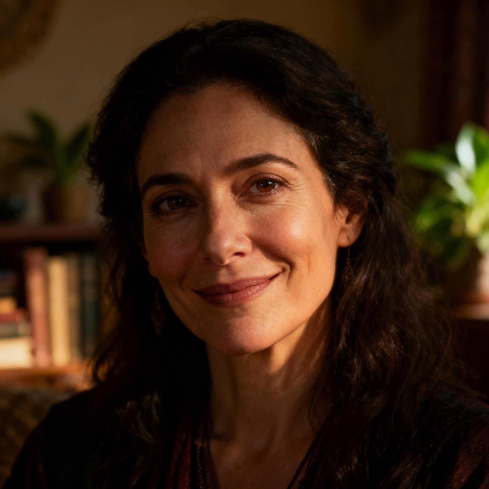 A portrait of a compassionate and wise female psychic, whose warm eyes and gentle smile convey a sense of trust, set against a softly lit study.