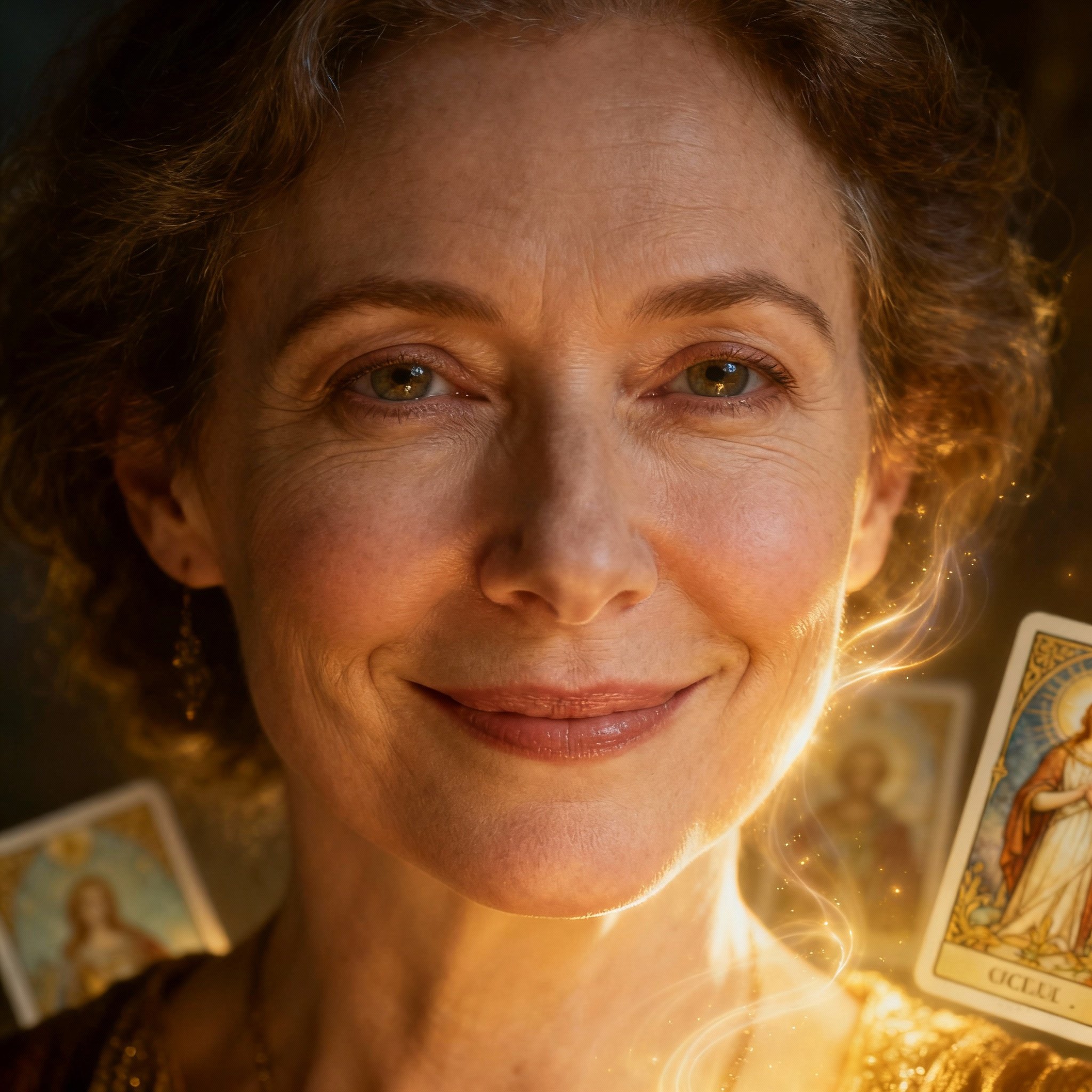 A close-up portrait of Advisor Taylor, a wise and compassionate middle-aged female psychic. Her gaze is gentle yet firm, set against a soft background, creating an atmosphere of trust and professionalism.