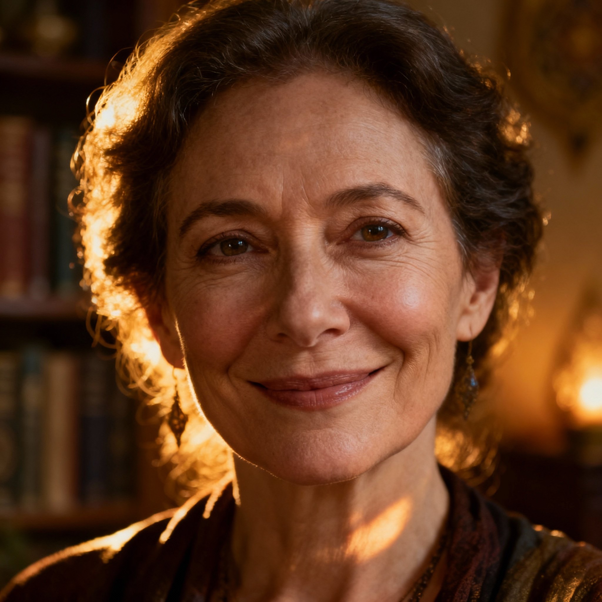 A close-up portrait of Psychic Ayla, a mature and elegant woman with kindness and understanding in her eyes. Soft light illuminates her face against the backdrop of a cozy consultation room, creating an atmosphere of trust and warmth.