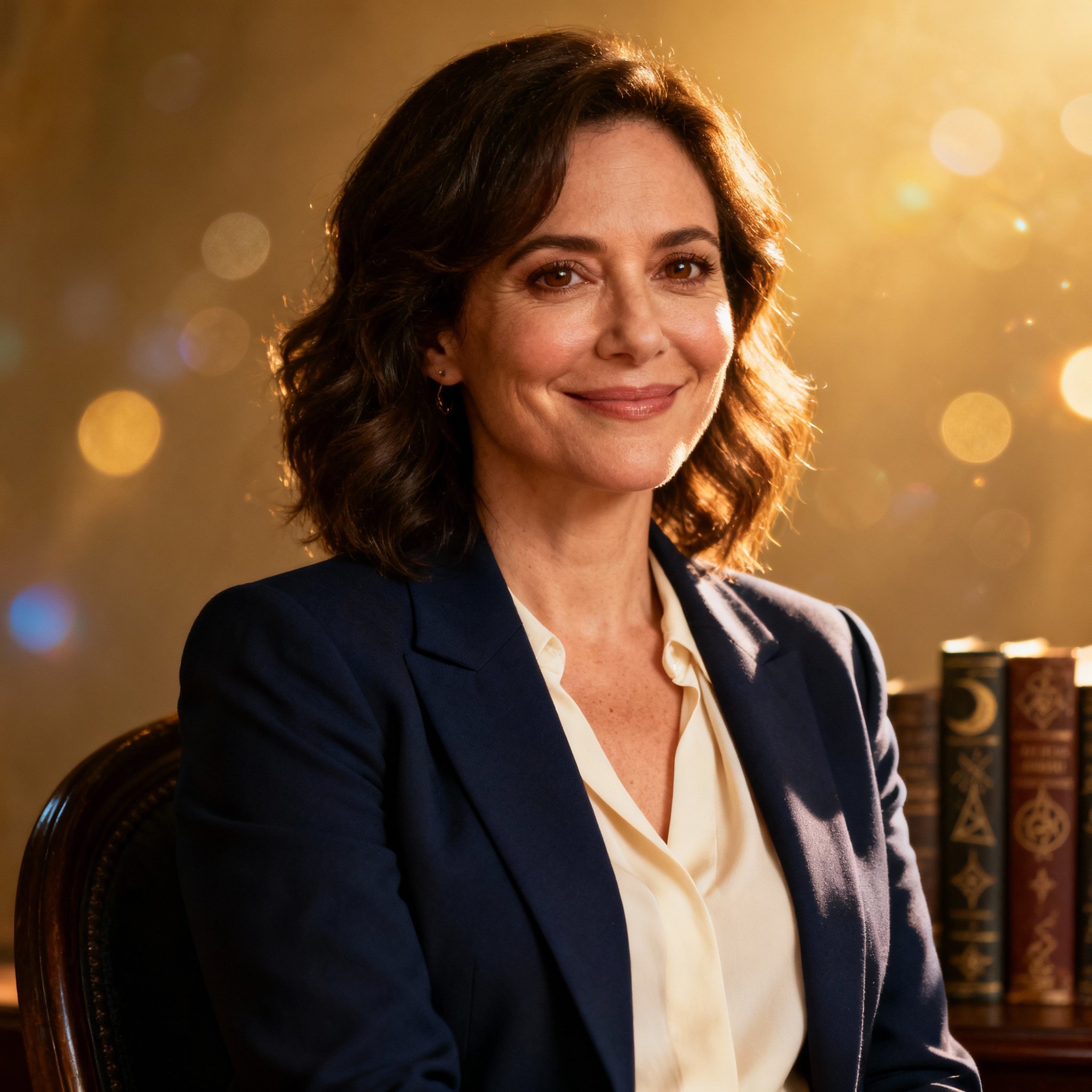 A close-up portrait of a psychic advisor named Heidi, featuring a warm, empathetic smile and knowing eyes that convey wisdom and insight, set against a soft background that creates a professional and trustworthy atmosphere.