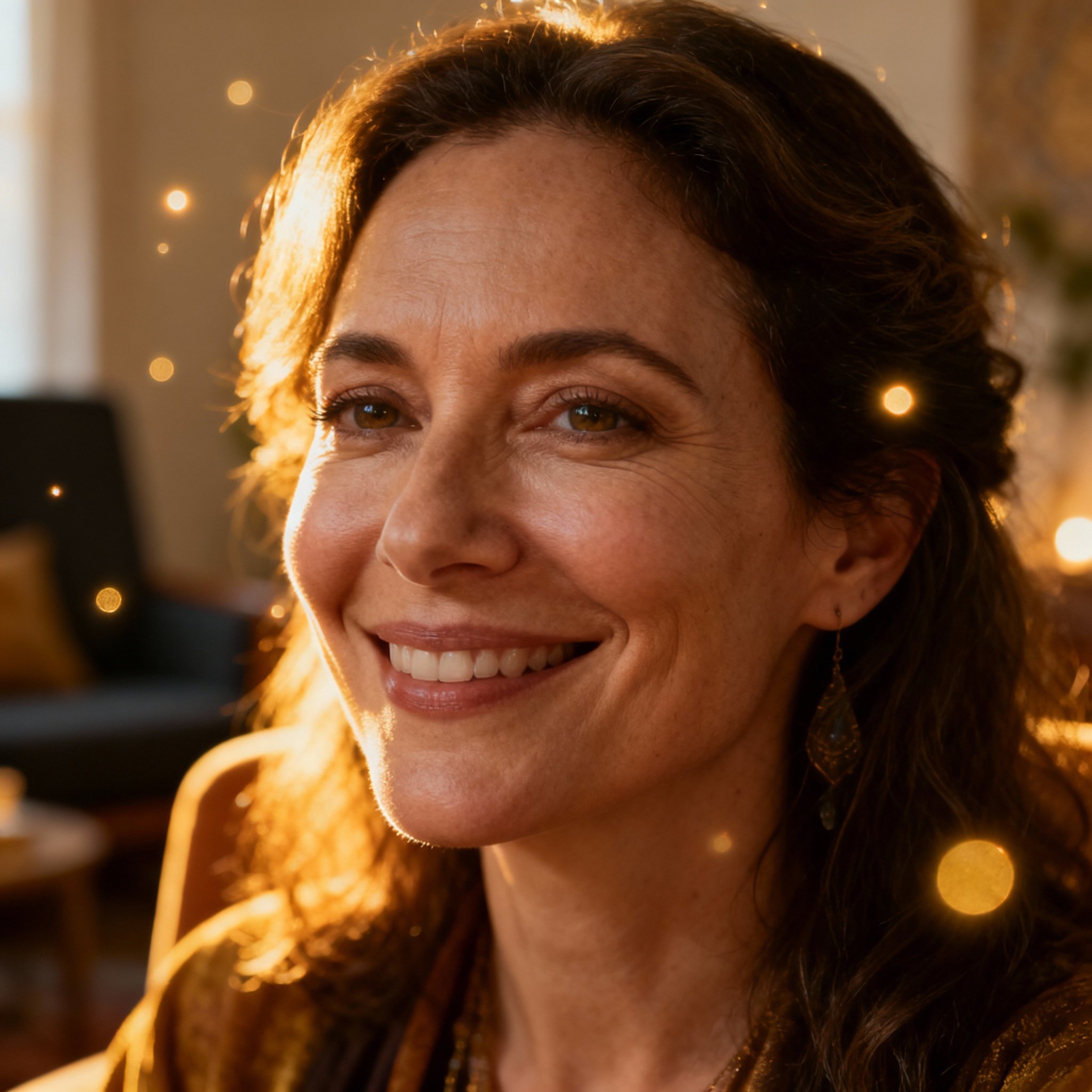 A close-up portrait of a psychic named Samantha, featuring her warm and compassionate smile, with eyes that convey wisdom and calm, set against a soft, inviting consultation room.
