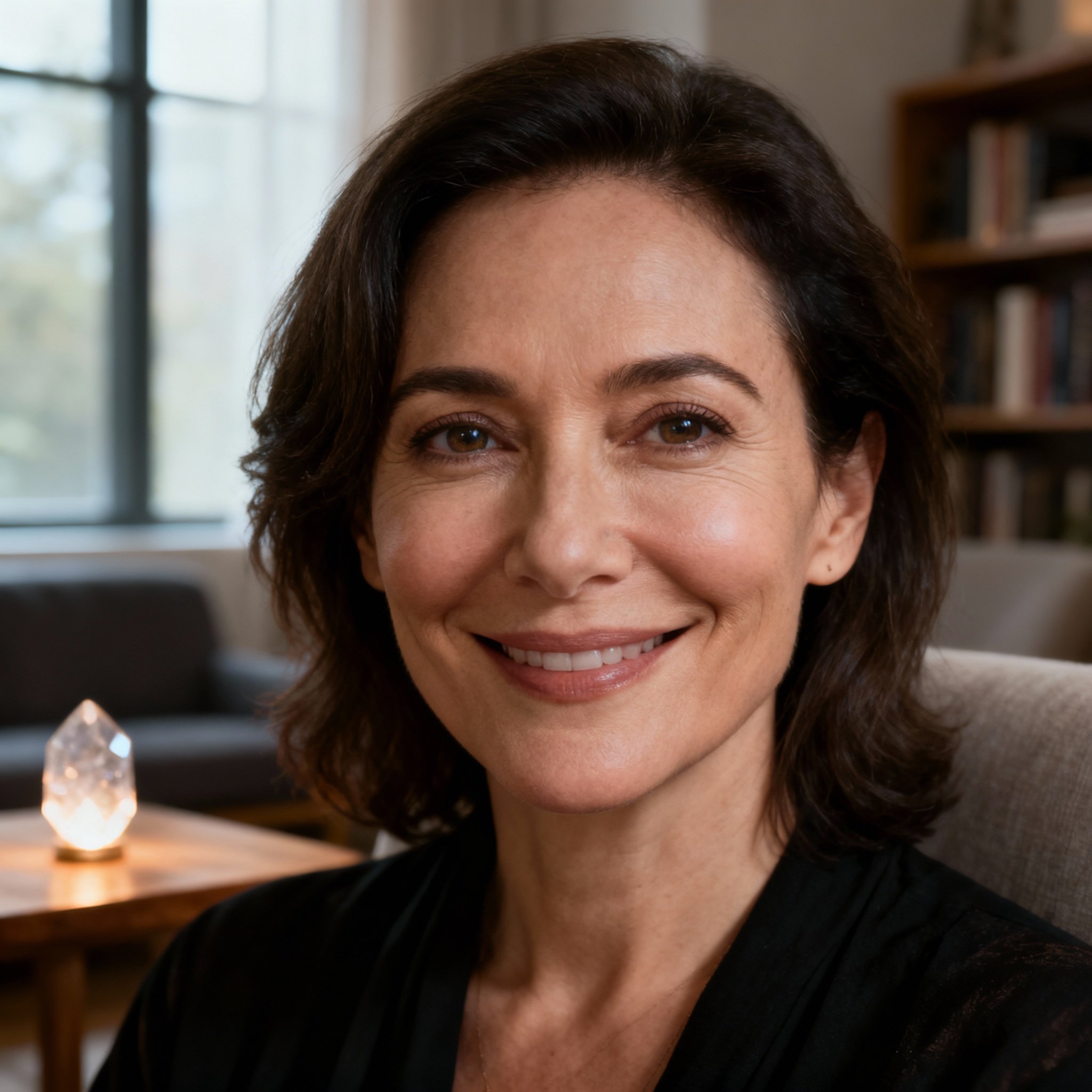 A close-up portrait of a psychic advisor in her late 30s with a warm, wise expression, looking directly at the camera to create a sense of trust and connection. The background is a soft, cozy consultation room with warm lighting.