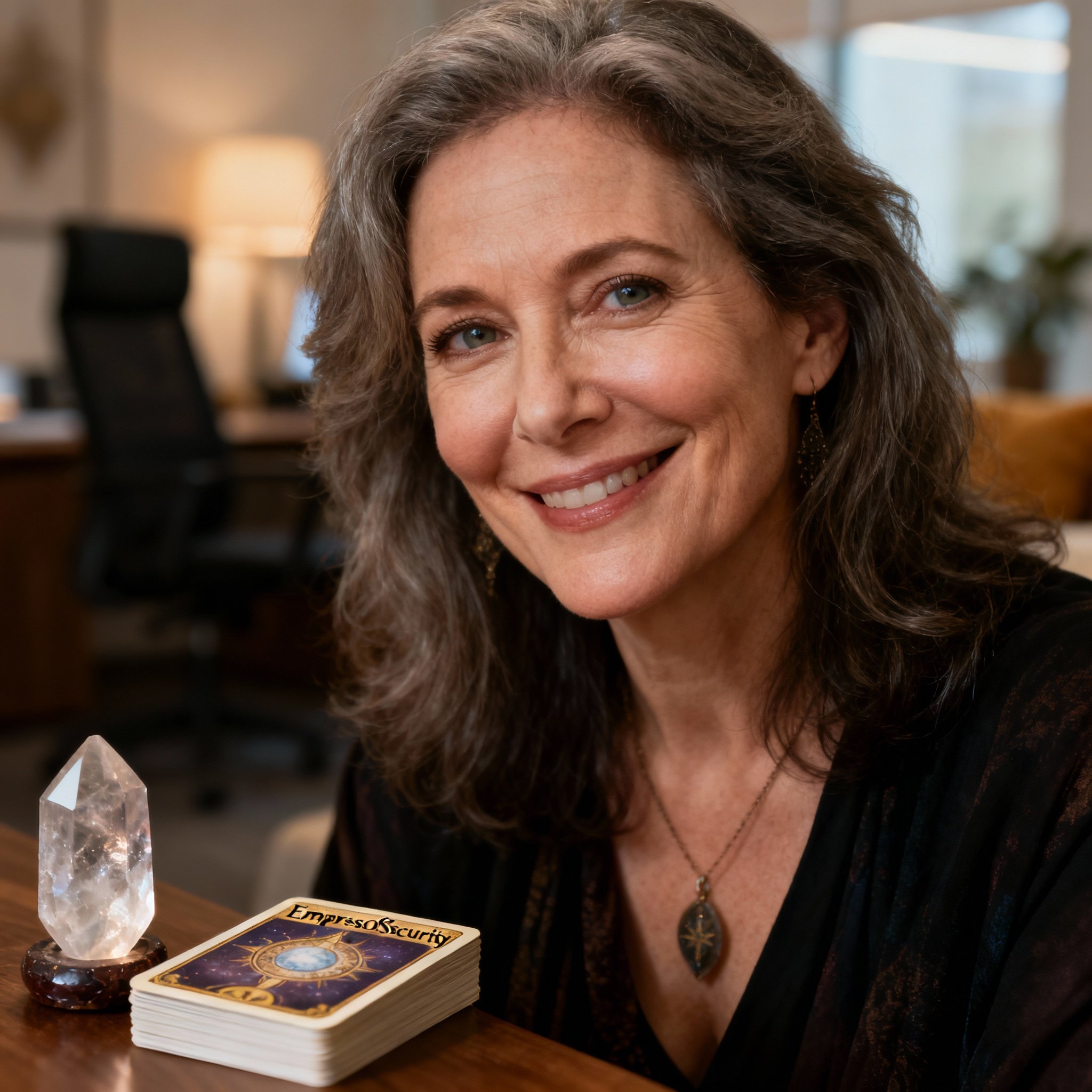 A close-up portrait of a psychic named EmpressOfSecurity, featuring a warm and confident smile against a soft-focus background, evoking a sense of trust and wisdom.