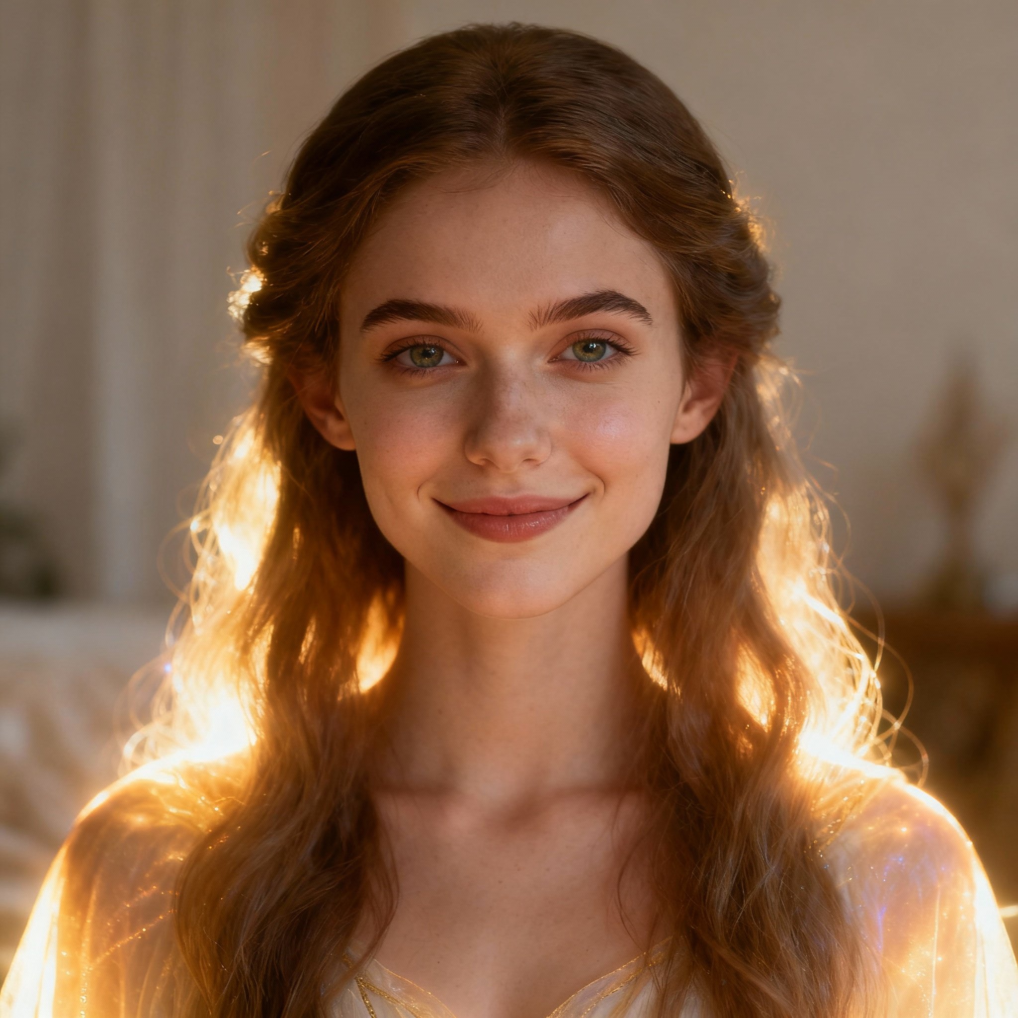 A close-up portrait of a young female psychic, the 'Glow Priestess'. She has a warm, confident smile and wise eyes, softly illuminated by golden side lighting and surrounded by a subtle glow, creating an atmosphere of trust and spirituality.