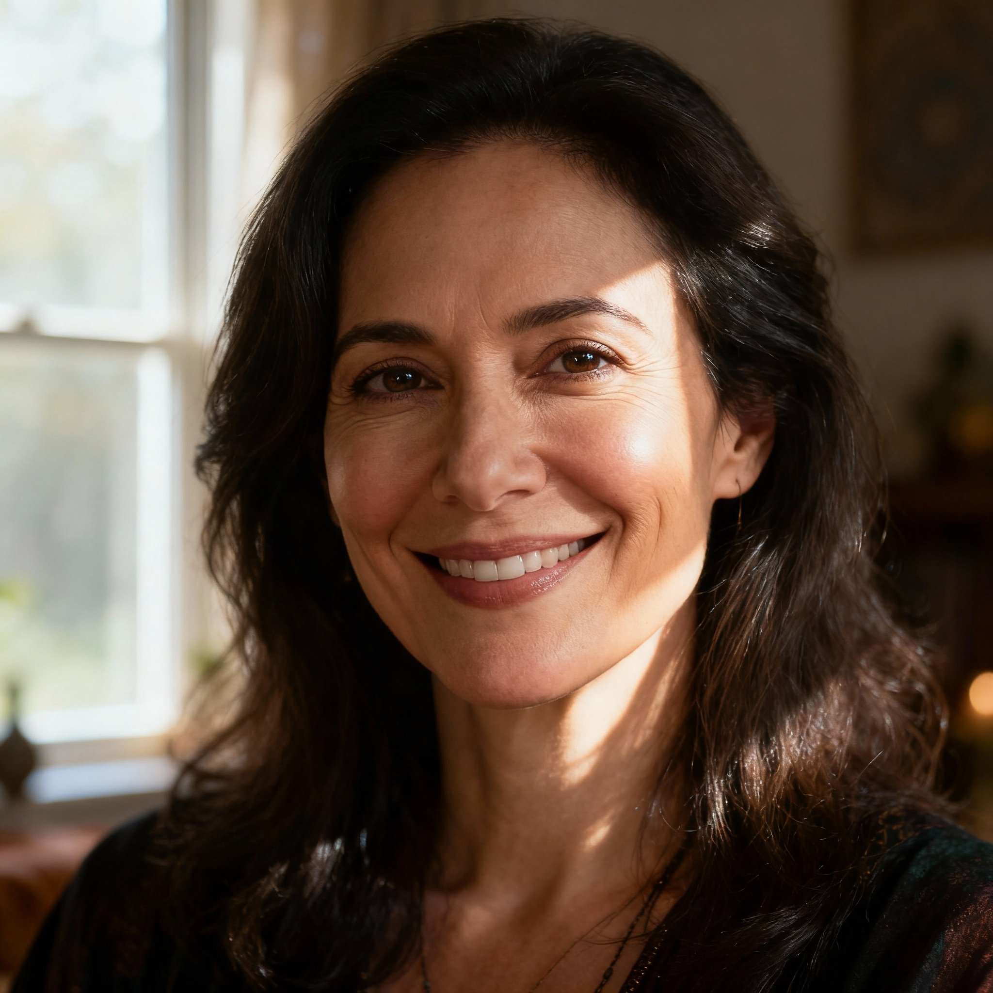 A close-up portrait of a compassionate female psychic with a warm, understanding smile and kind eyes. Soft, natural light creates a safe and trustworthy atmosphere.