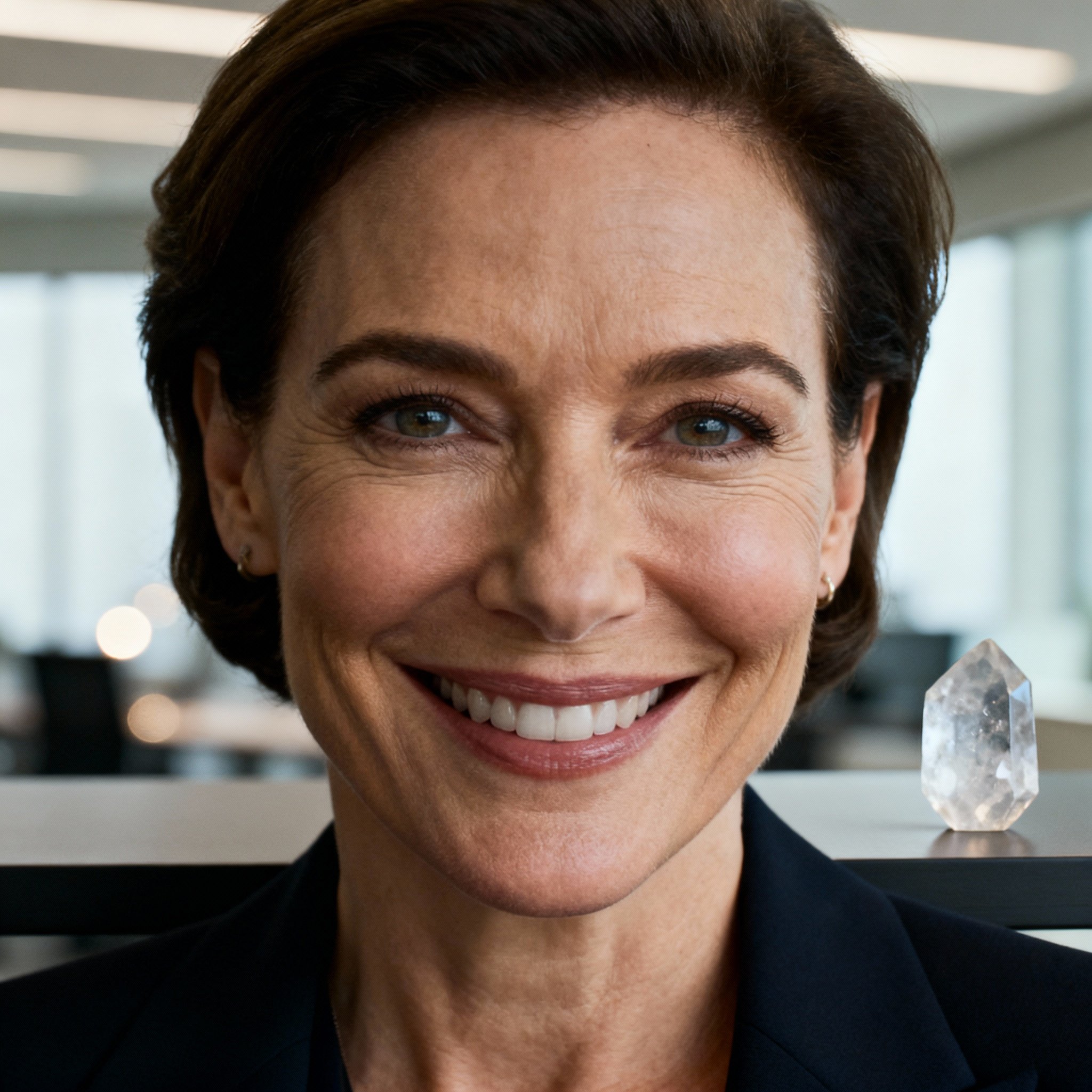 A portrait of Mentor Anna, a confident and friendly middle-aged female psychic. She is dressed in a stylish blazer, sitting in a bright, modern office with a warm, knowing smile, exuding professionalism and trustworthiness.