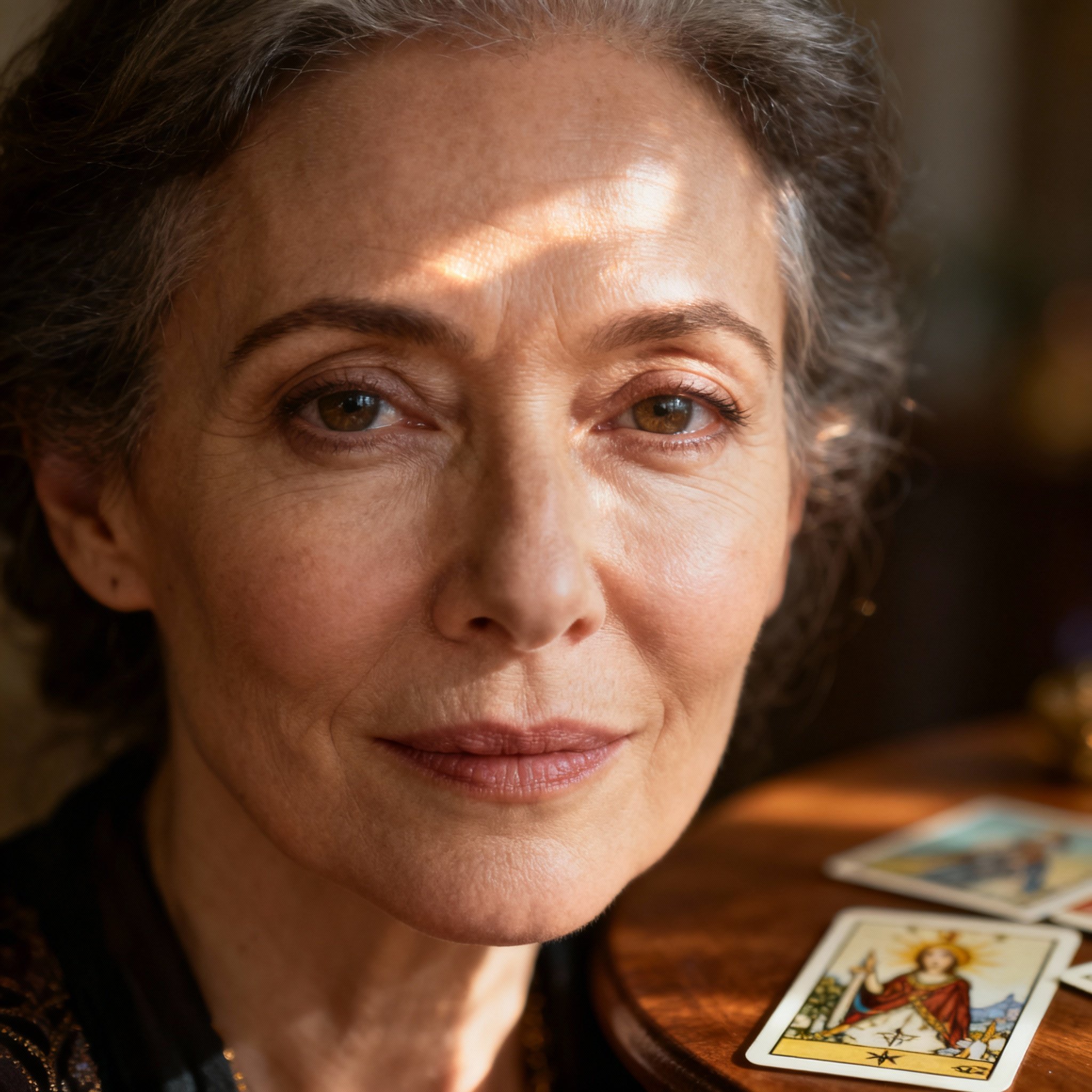 A close-up portrait of a wise and empathetic female psychic. Her gaze is gentle yet firm, with tarot cards and soft light faintly visible in the background, creating a mystical and trustworthy atmosphere.