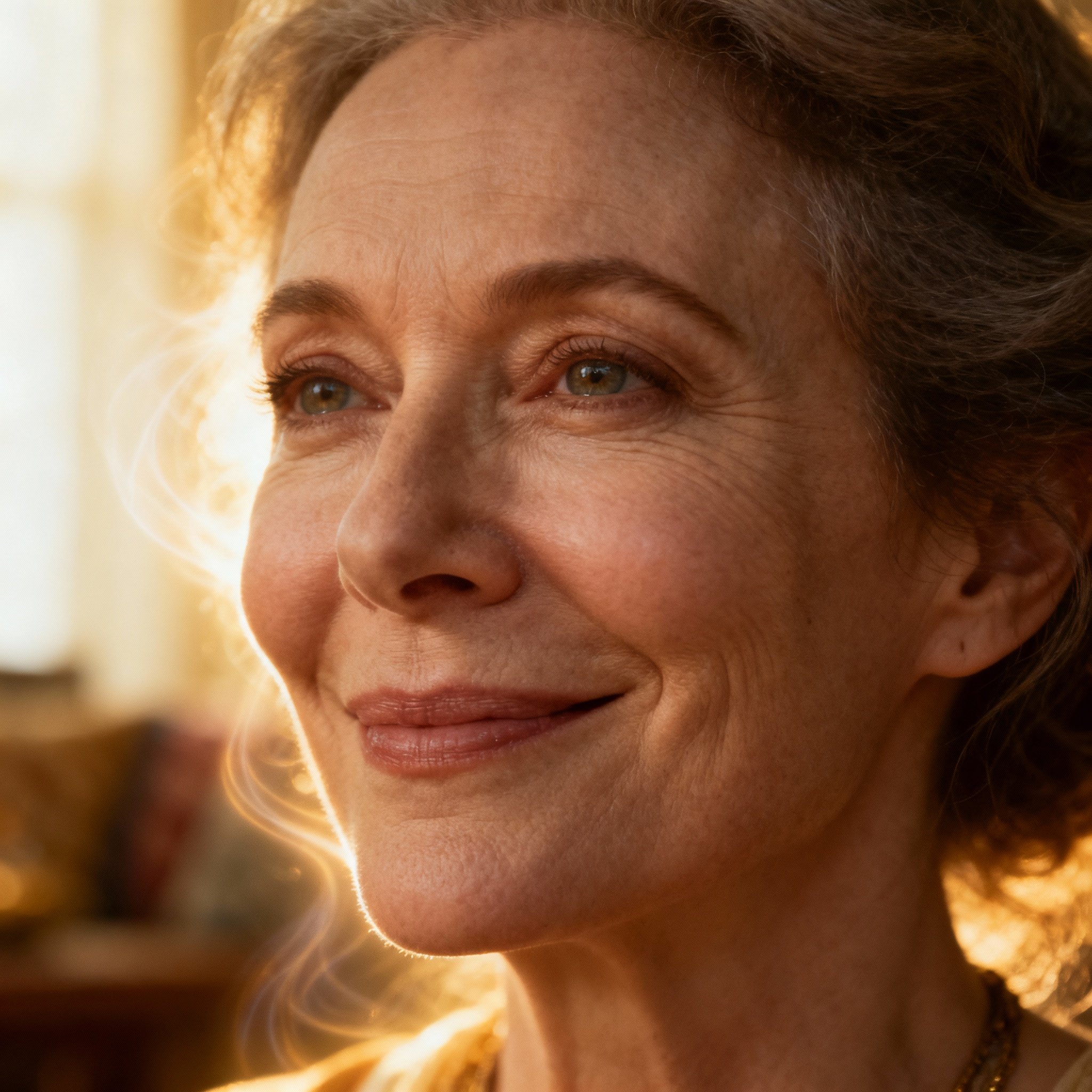 A close-up portrait of the wise and compassionate psychic Sonita. Her gaze is gentle, and she has a serene smile, conveying a deep sense of trust and peace of mind. Soft lighting highlights her image as a spiritual guide.