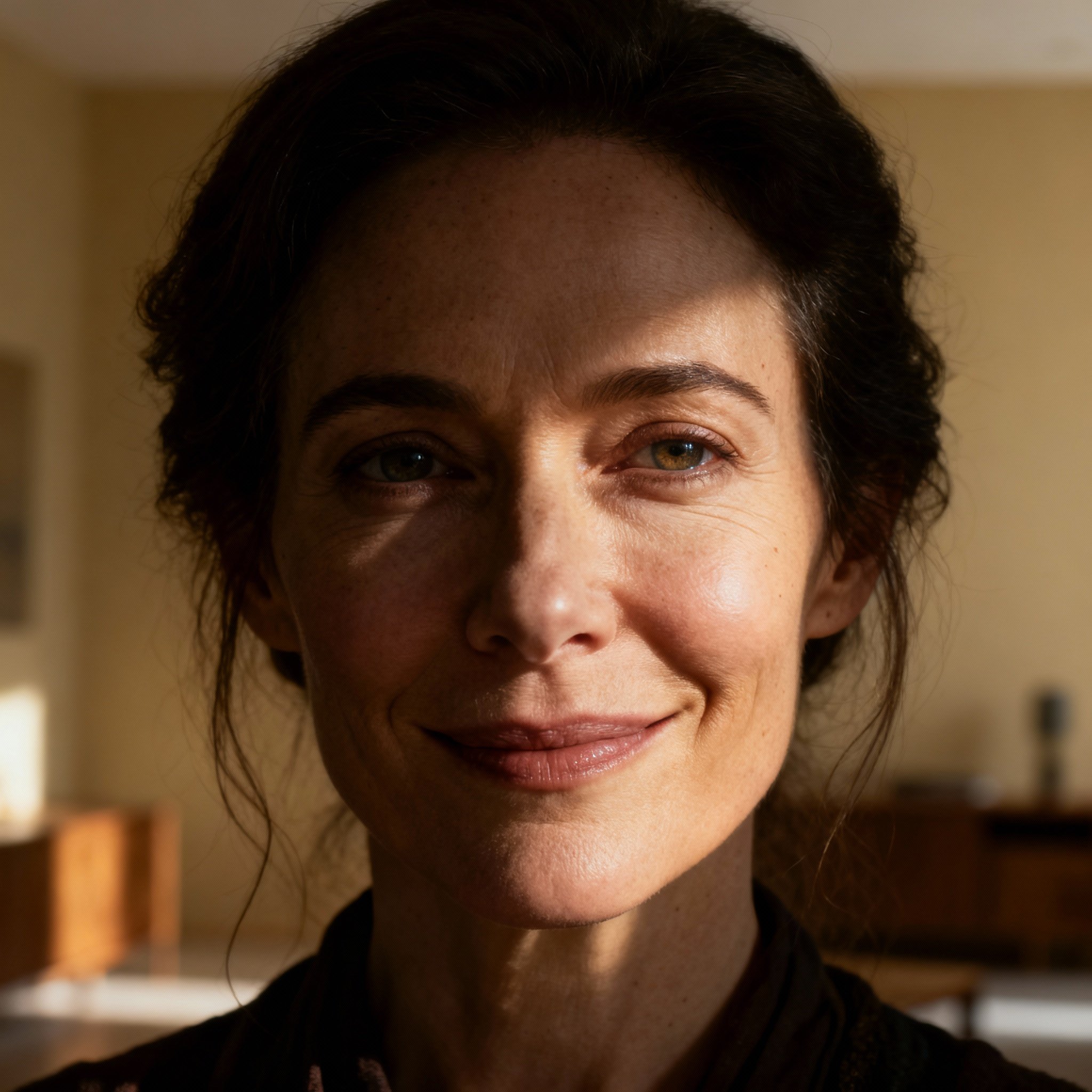 A close-up portrait of the psychic Storm, featuring warm, wise eyes and a serene smile. The soft background enhances the atmosphere of deep empathy and trustworthiness.