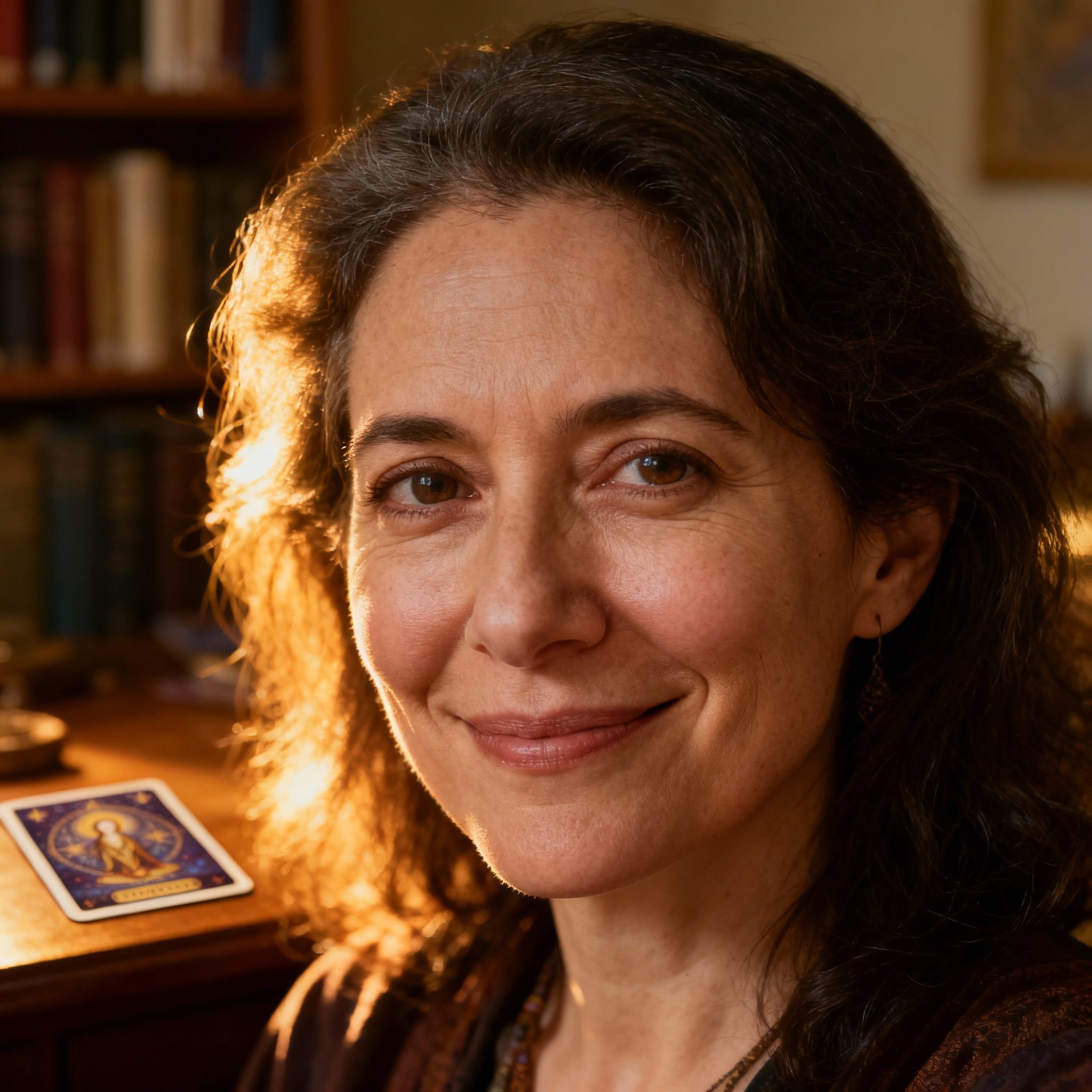 A close-up portrait of Molly Meadow, a wise and compassionate female psychic. She has a warm gaze, with a soft-focus study in the background, hinting at her academic background and trustworthy persona.