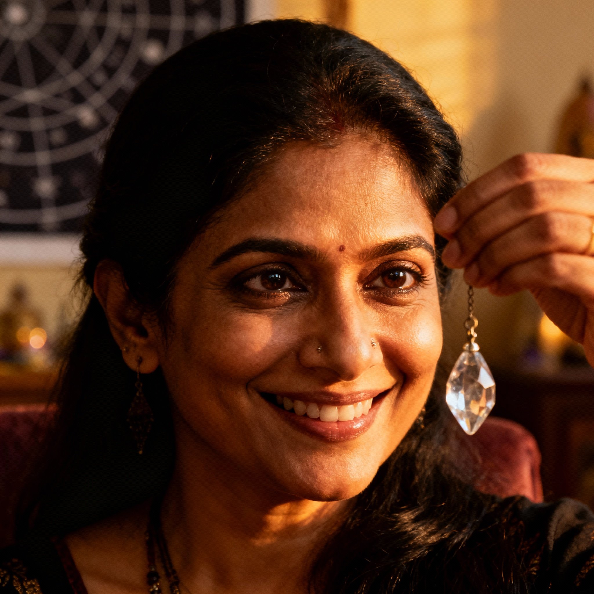 A psychic named Yashi with a warm smile, holding a divination pendulum, creating an atmosphere of trust and care.