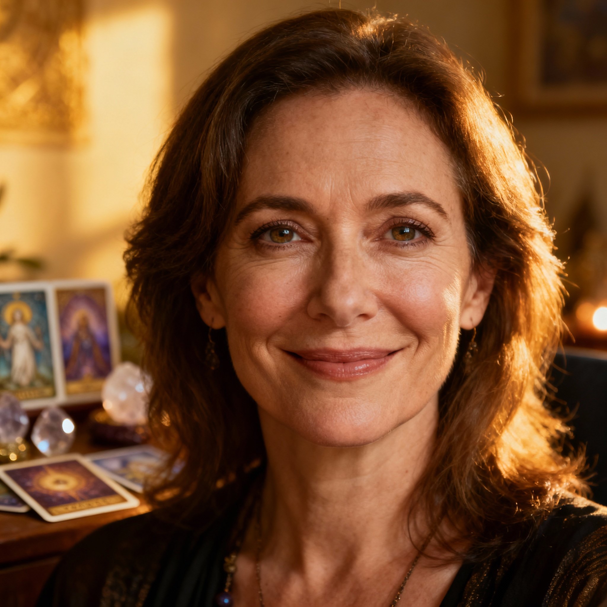 A compassionate and wise female psychic advisor, whose warm gaze looks directly at the viewer, creating an atmosphere of trust and safety, set against a softly blurred consultation room.