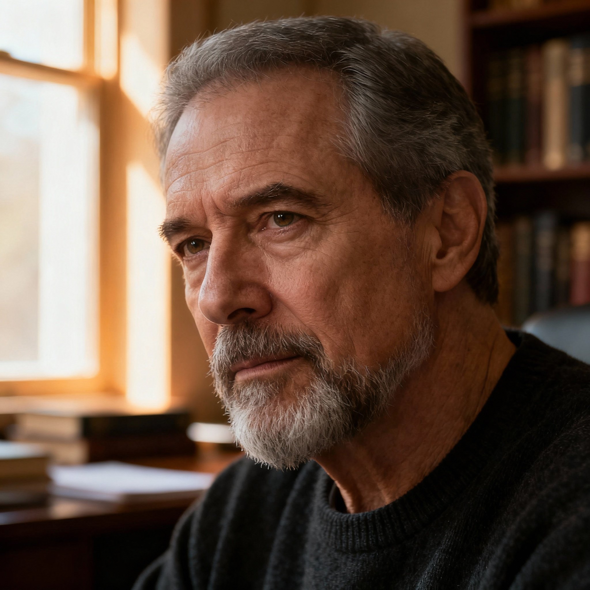 A close-up portrait of a middle-aged psychic advisor, Ken Mason. He has a calm, wise expression, set against a soft, scholarly background, conveying a sense of trustworthy professionalism.