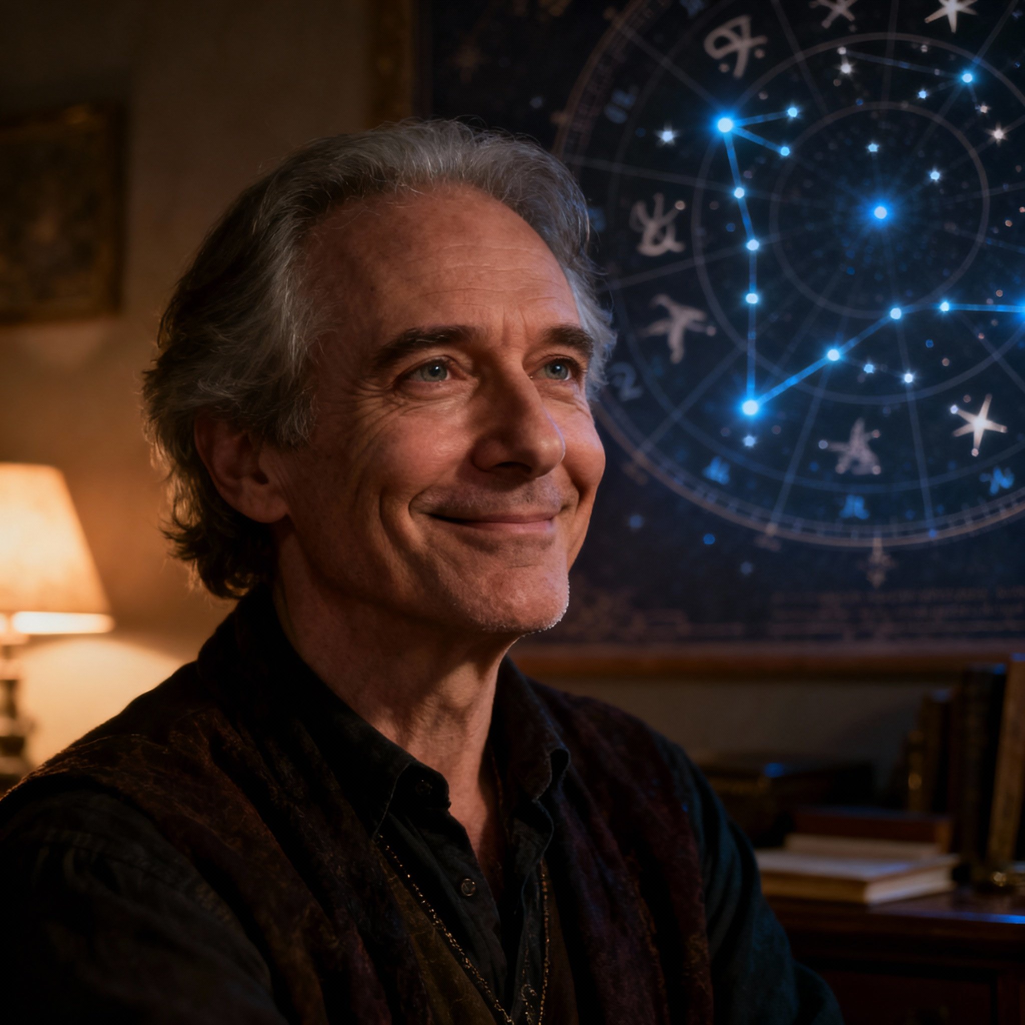 A close-up portrait of a male psychic, Astro Psychic, with a gentle and knowing smile against a soft astrological chart background, conveying trustworthiness and professionalism.
