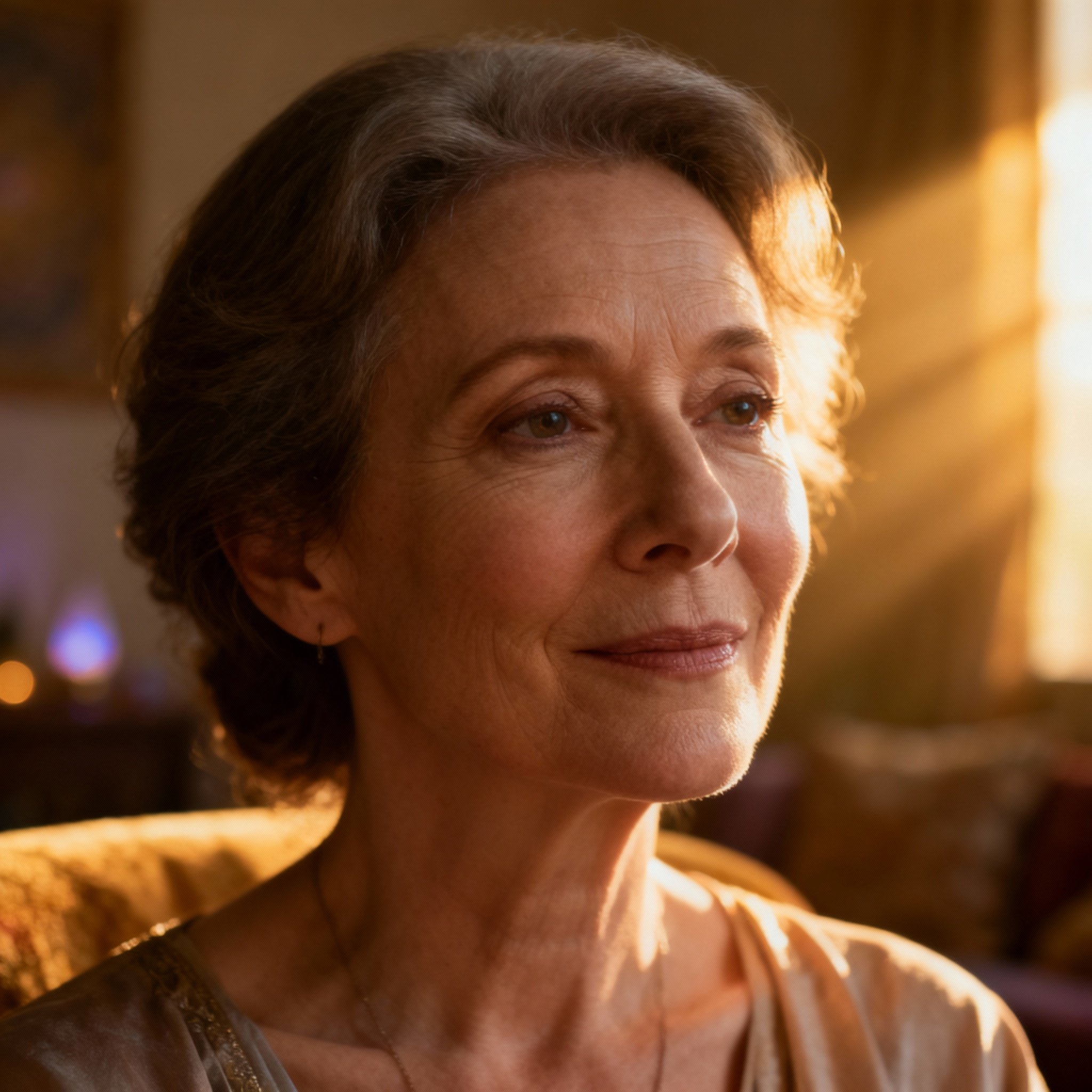 A close-up portrait of the psychic Sunshine Monie El. She is a kind-faced middle-aged woman, her eyes filled with deep wisdom and empathy. The background is filled with soft, warm light, creating a serene and trustworthy atmosphere.