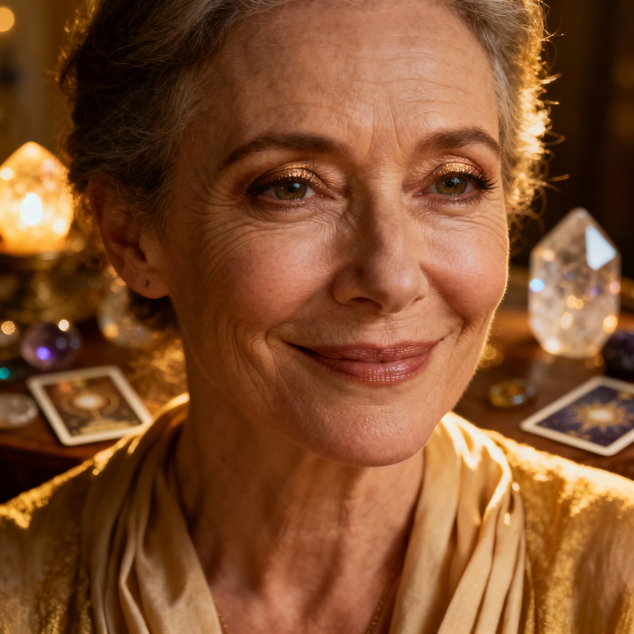 A close-up portrait of Nicole Rhiannon, a warm and wise female psychic advisor. She has clear eyes and a gentle smile, with soft lighting and subtle mystical elements in the background, creating a sense of trust and approachability.