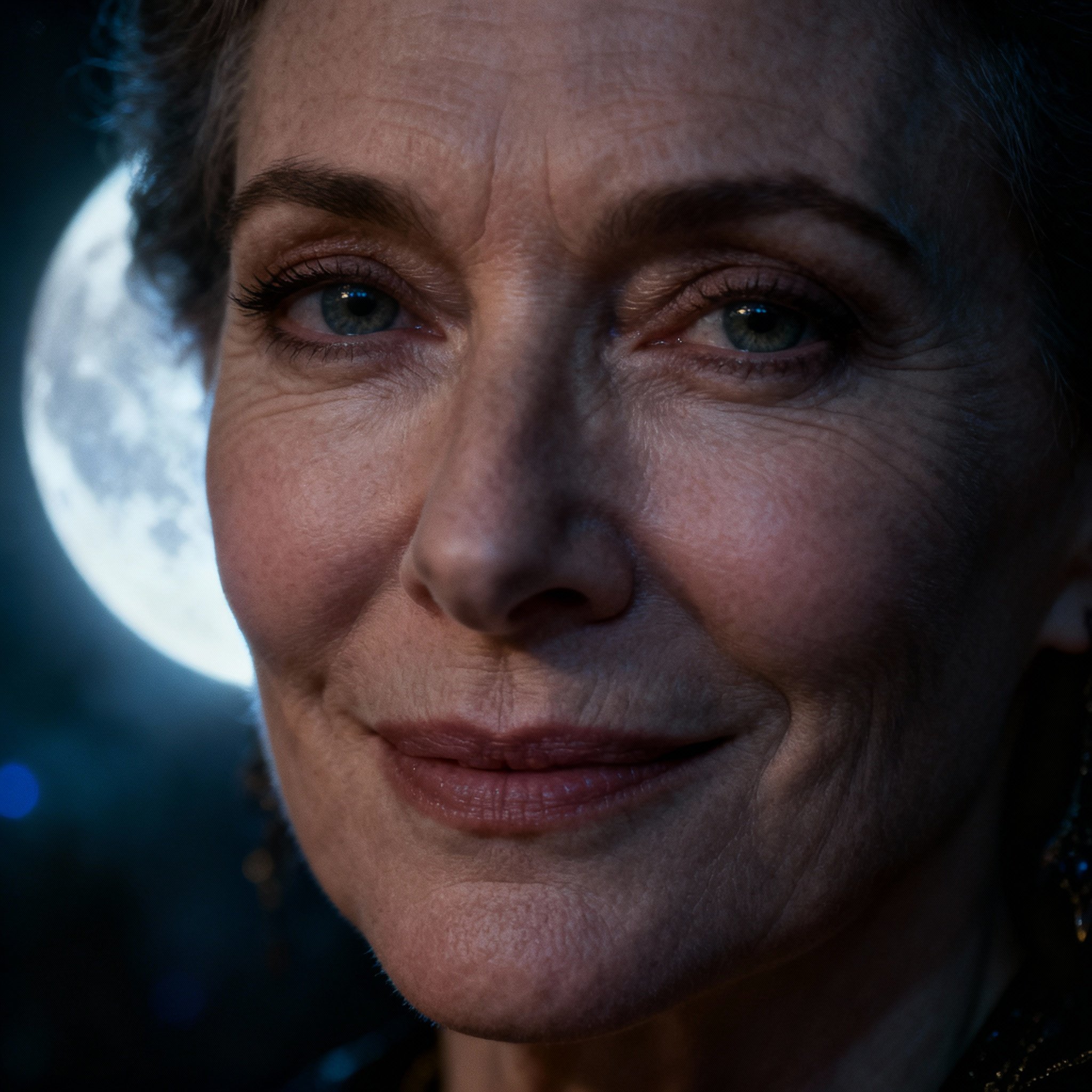 A close-up portrait of a mature female psychic, Luna Fortuna. She has a wise yet firm gaze, with a soft, moonlit background, conveying trust and profound insight.