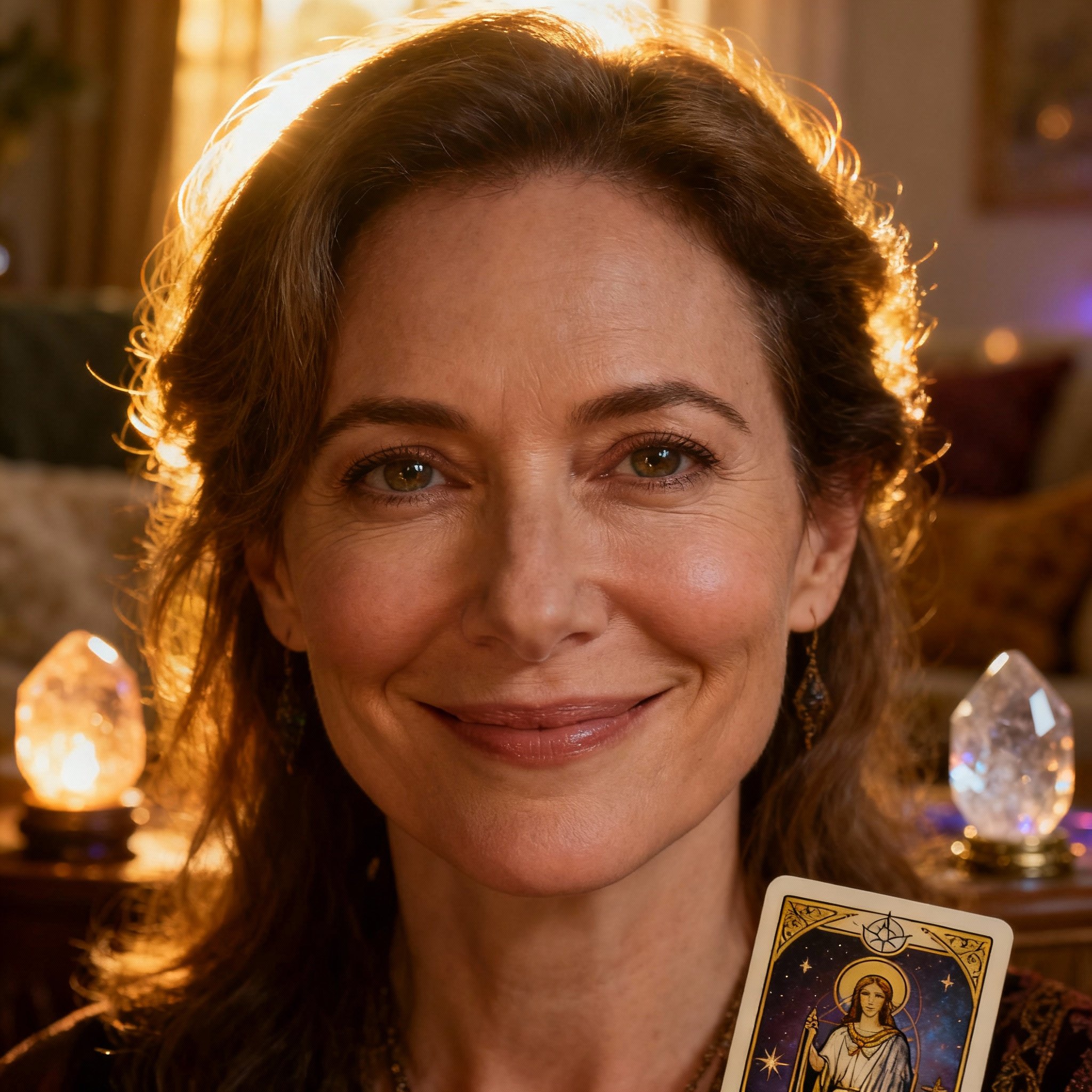 A close-up portrait of a wise and compassionate female psychic, her eyes warm and smiling, set against a soft background to evoke trust.