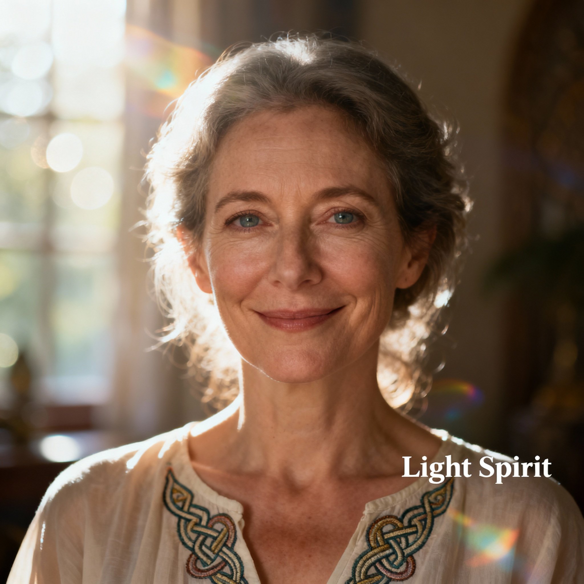 A close-up portrait of a wise and compassionate female psychic. She has a gentle gaze and a warm smile, set against a soft, glowing background that embodies trust and spiritual connection.