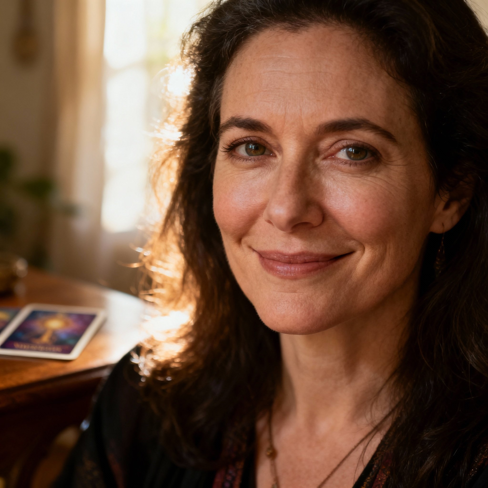 A close-up portrait of a female psychic named Stephanie, with a warm and empathetic smile. The background is soft, with gentle light and subtle mystical elements, creating an atmosphere of trust and compassion.