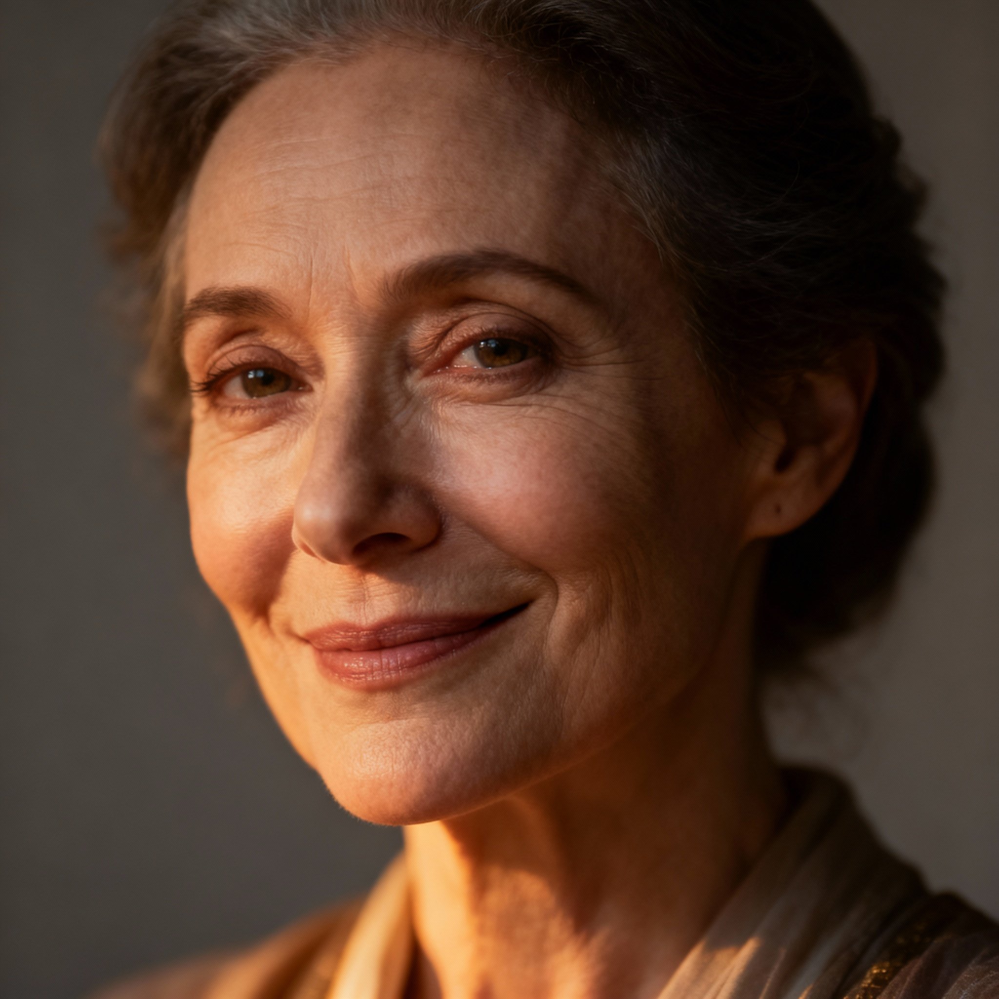 A close-up portrait of a wise and compassionate middle-aged female psychic, Andie. She has kind eyes and a gentle smile, with a soft background that evokes a sense of warmth and trust.