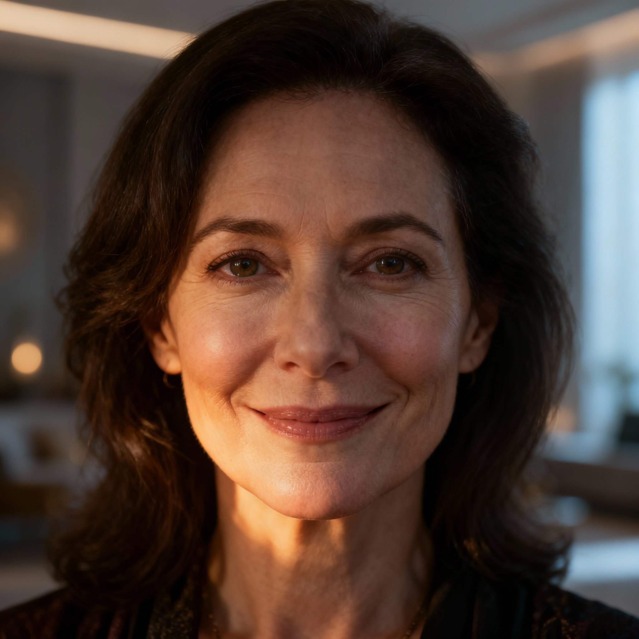 A close-up portrait of a psychic woman named Faith Destiny. She has a gentle yet firm gaze, conveying wisdom and compassion, with soft lighting in the background creating a trustworthy atmosphere.