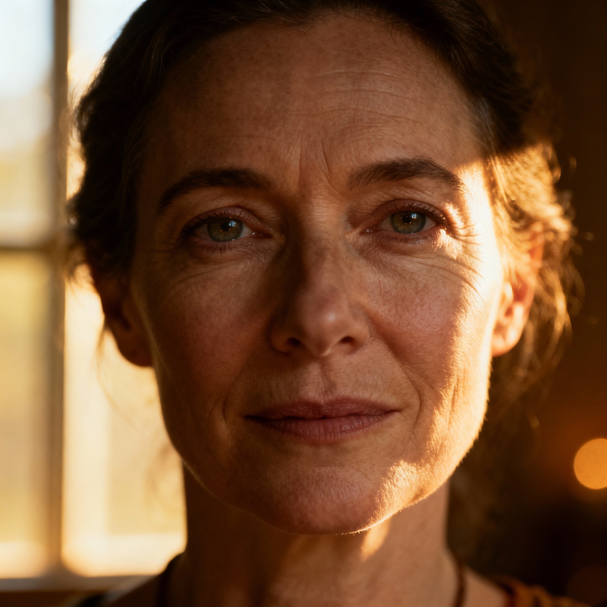 A close-up portrait of the psychic, Spiritual Sybille. She is a mature woman around 45, with wise, calm eyes that look directly at the viewer, conveying a deep sense of trust and unflinching honesty.