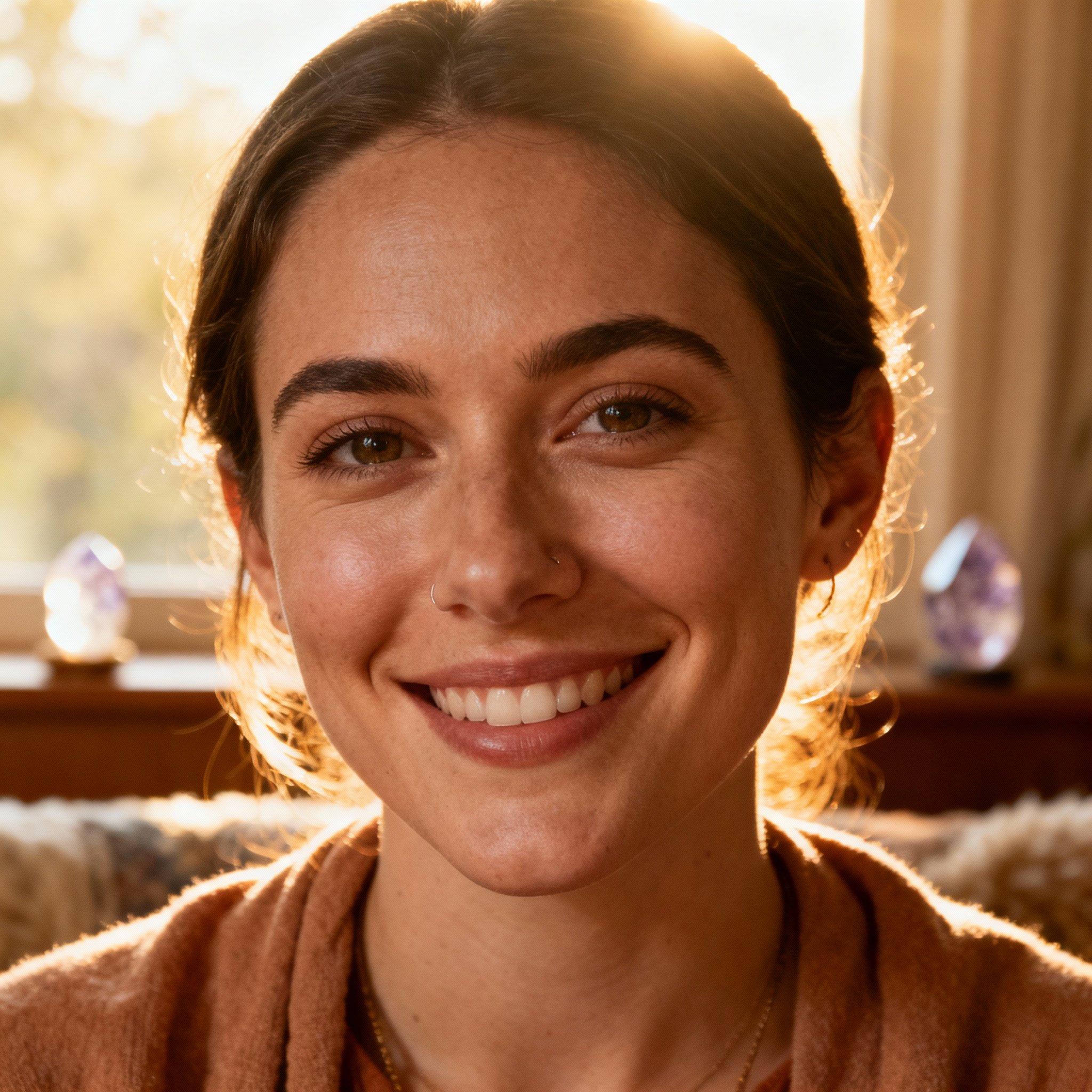 A close-up portrait of Sydney Gold, a young and friendly psychic. She has a warm smile and her eyes convey empathy and insight, with a soft, naturally lit background creating a safe and trustworthy atmosphere.