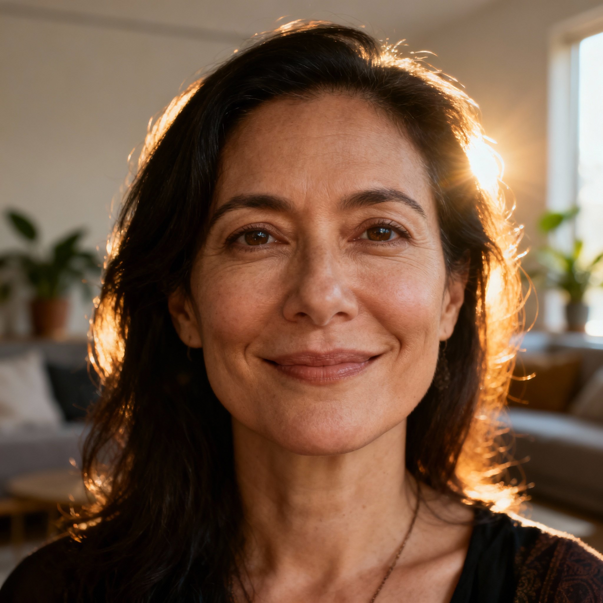 A close-up portrait of a compassionate female psychic with wise, empathetic eyes. She has a gentle smile, and the background is filled with soft light and a cozy interior, creating an atmosphere of trust and safety.