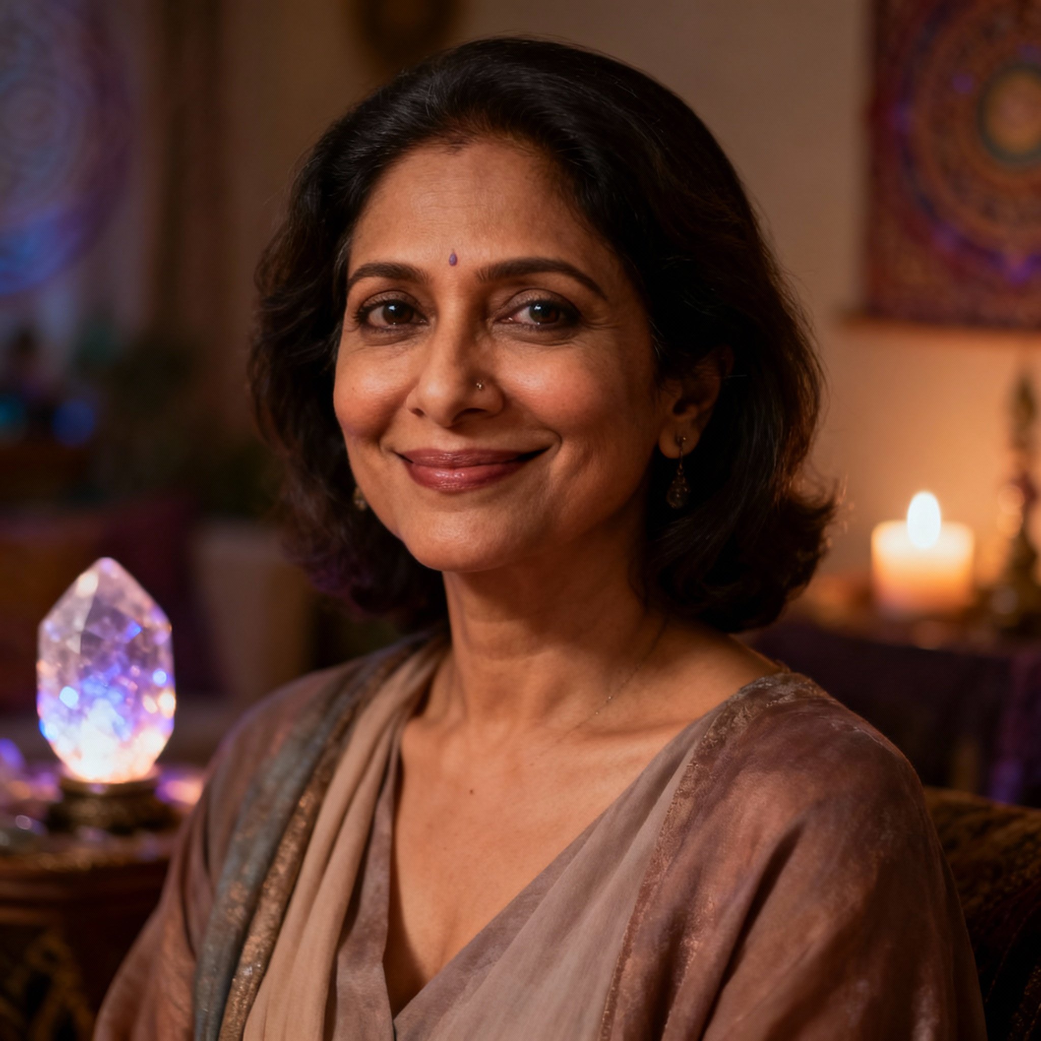 A close-up portrait of Psychic Miss Meera, featuring her warm smile and wise eyes against a softly lit background, creating a sense of trust and approachability.