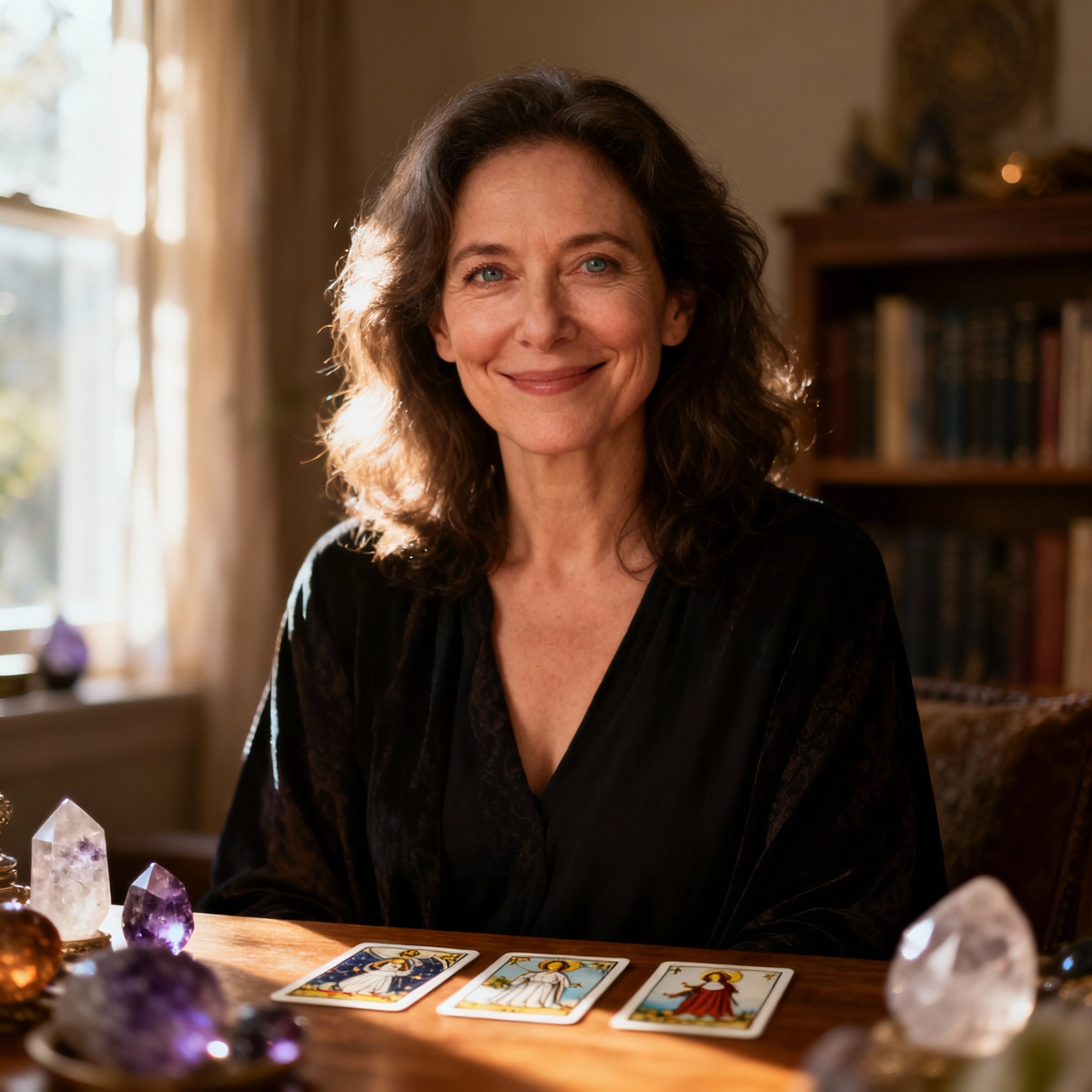 A close-up portrait of the compassionate and wise psychic Adele, whose warm gaze conveys trust, set against the backdrop of a soft, comfortable consultation room.