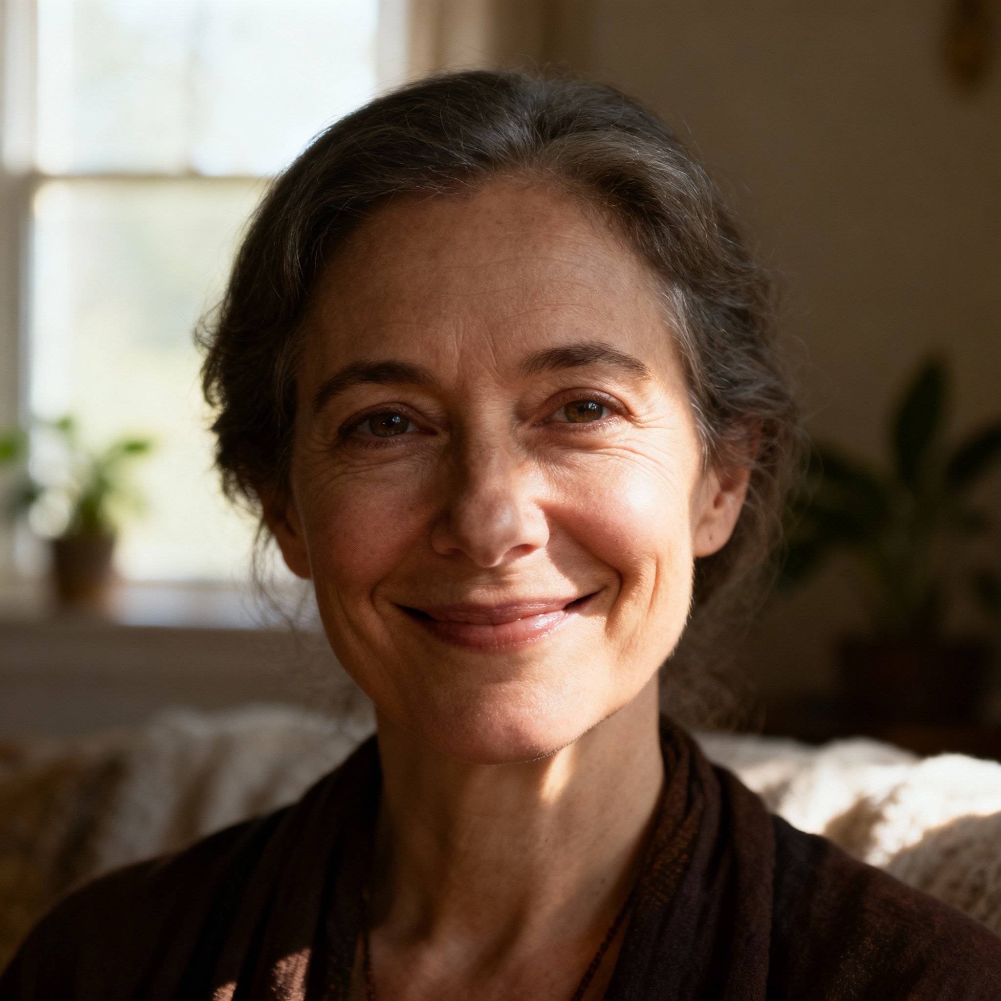 A close-up portrait of SpiritualAdvisorJennifer, a psychic with a warm, compassionate smile and trustworthy eyes, against a softly lit background.