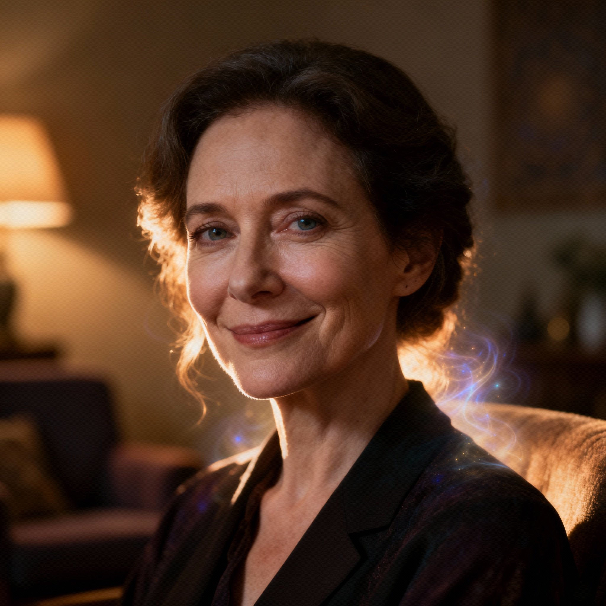 A close-up portrait of Psychic Milly, a mature woman with a warm, wise, and empathetic expression in her eyes, highlighted by soft, gentle lighting that emphasizes her professional and trustworthy demeanor.