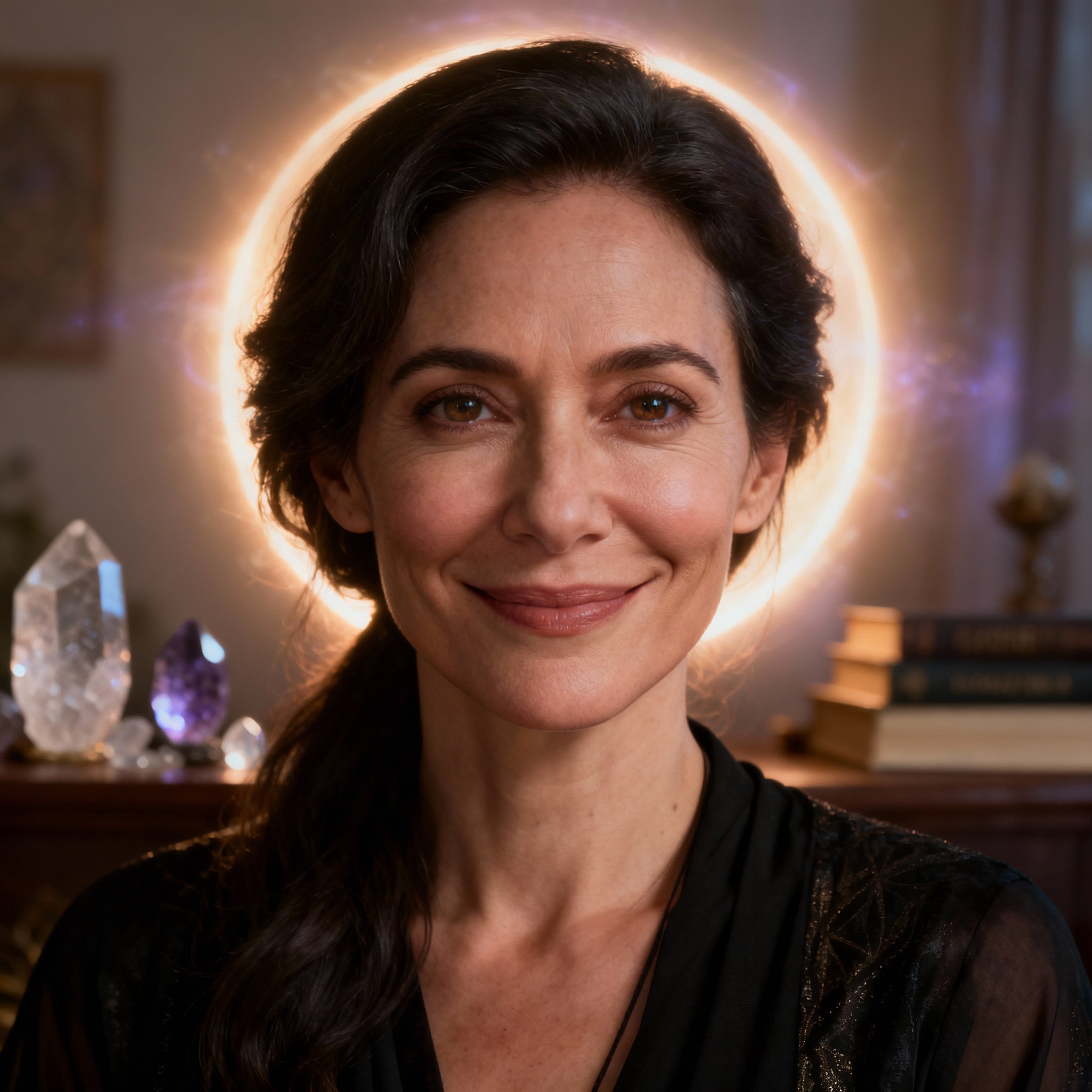 A professional headshot of psychic Zorah the Oracle. She has a calm, wise expression, and her deep eyes convey a sense of trust. The background features a soft halo of light, highlighting her professionalism and approachability.