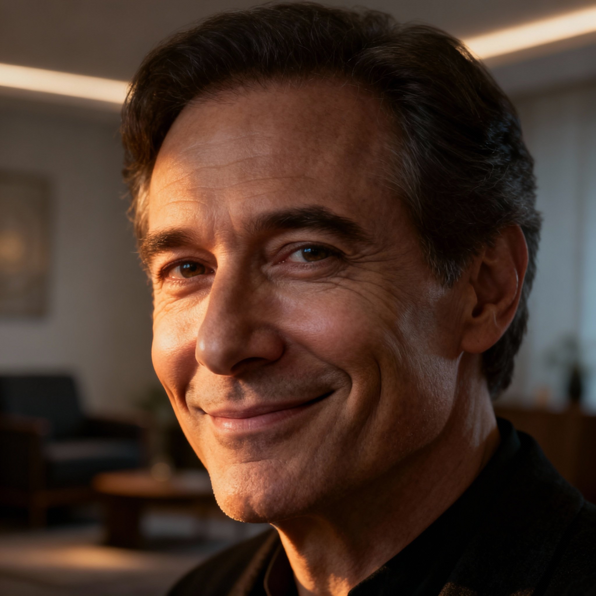 A portrait of a kind-faced male psychic advisor in his late 40s with a gentle and wise smile, soft side-lighting illuminates his features against a calm consultation room background, creating an atmosphere of professionalism, trust, and compassion.