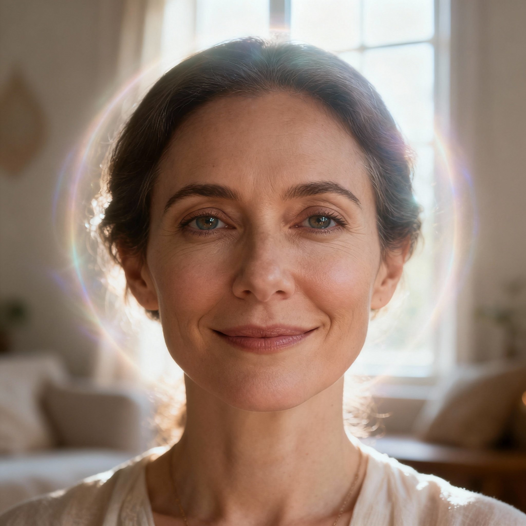 A close-up portrait of Juliet, a warm and compassionate psychic, smiling with wise eyes against a soft, reassuring background, evoking a sense of trust and peace.